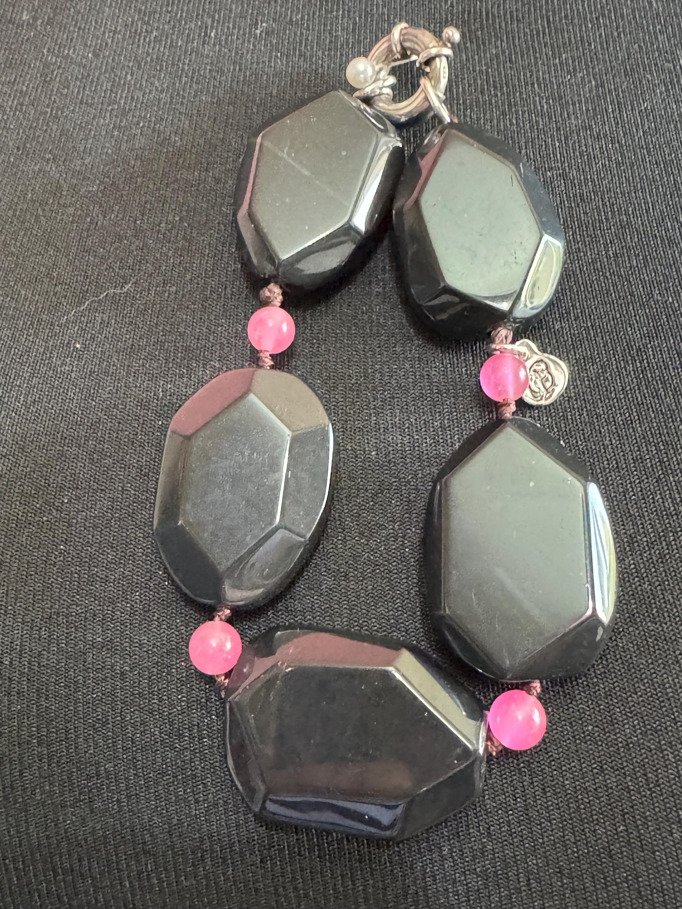 Signed 925 silver Modernist black tourmaline and pink gemstone chunky beaded necklace and bracelet set