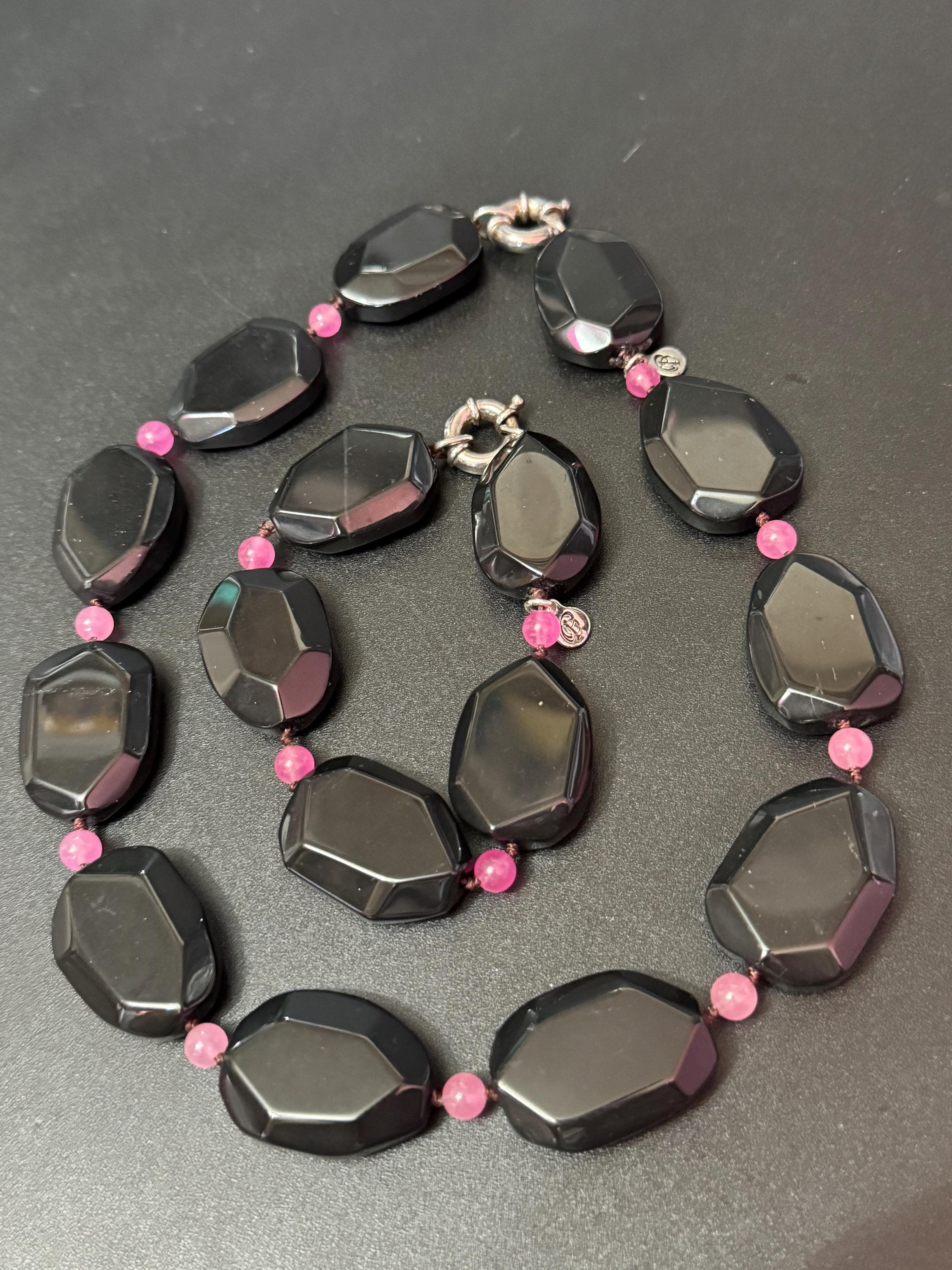 Signed 925 silver Modernist black tourmaline and pink gemstone chunky beaded necklace and bracelet set