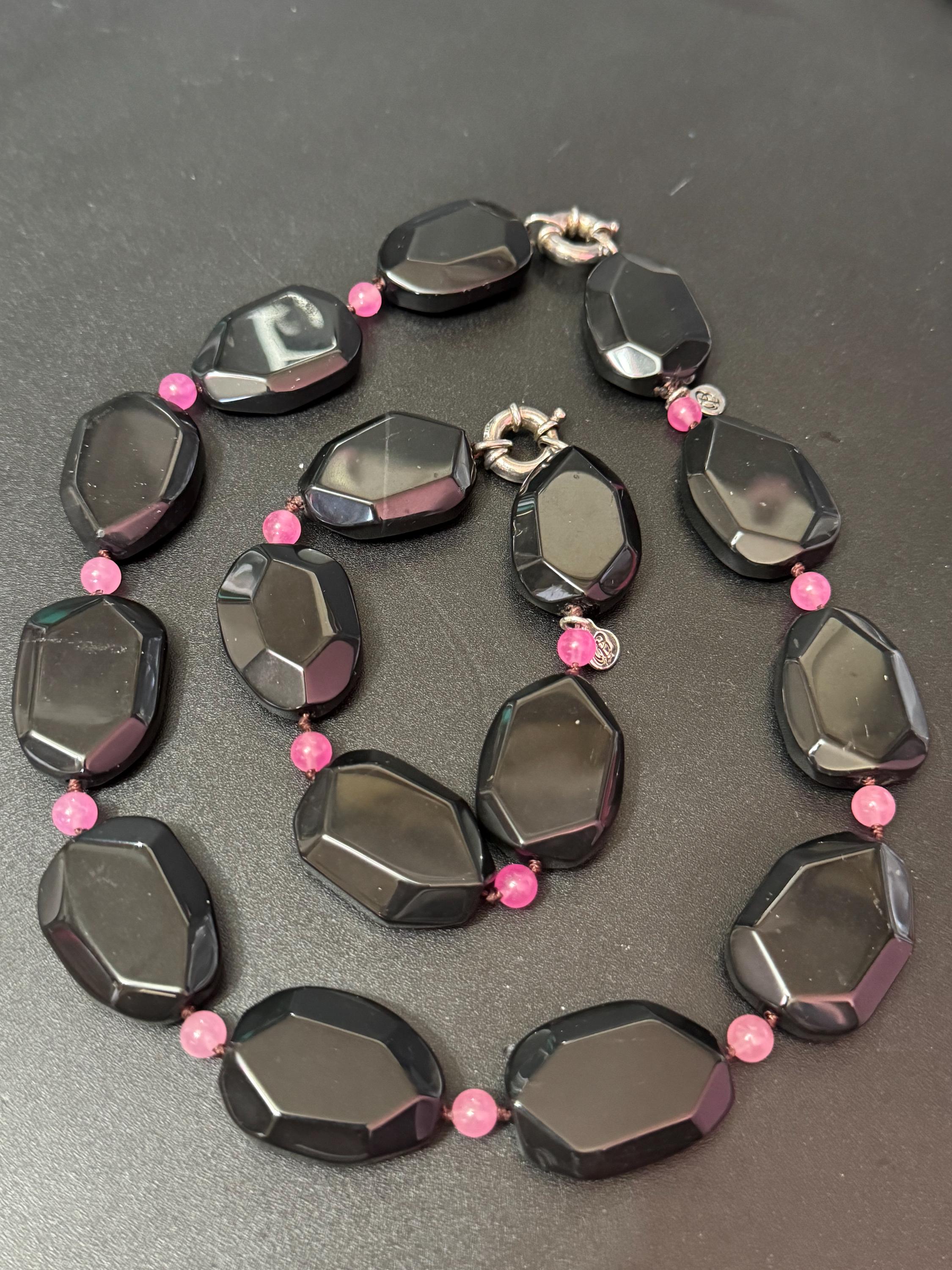 Signed 925 silver Modernist black tourmaline and pink gemstone chunky beaded necklace and bracelet set