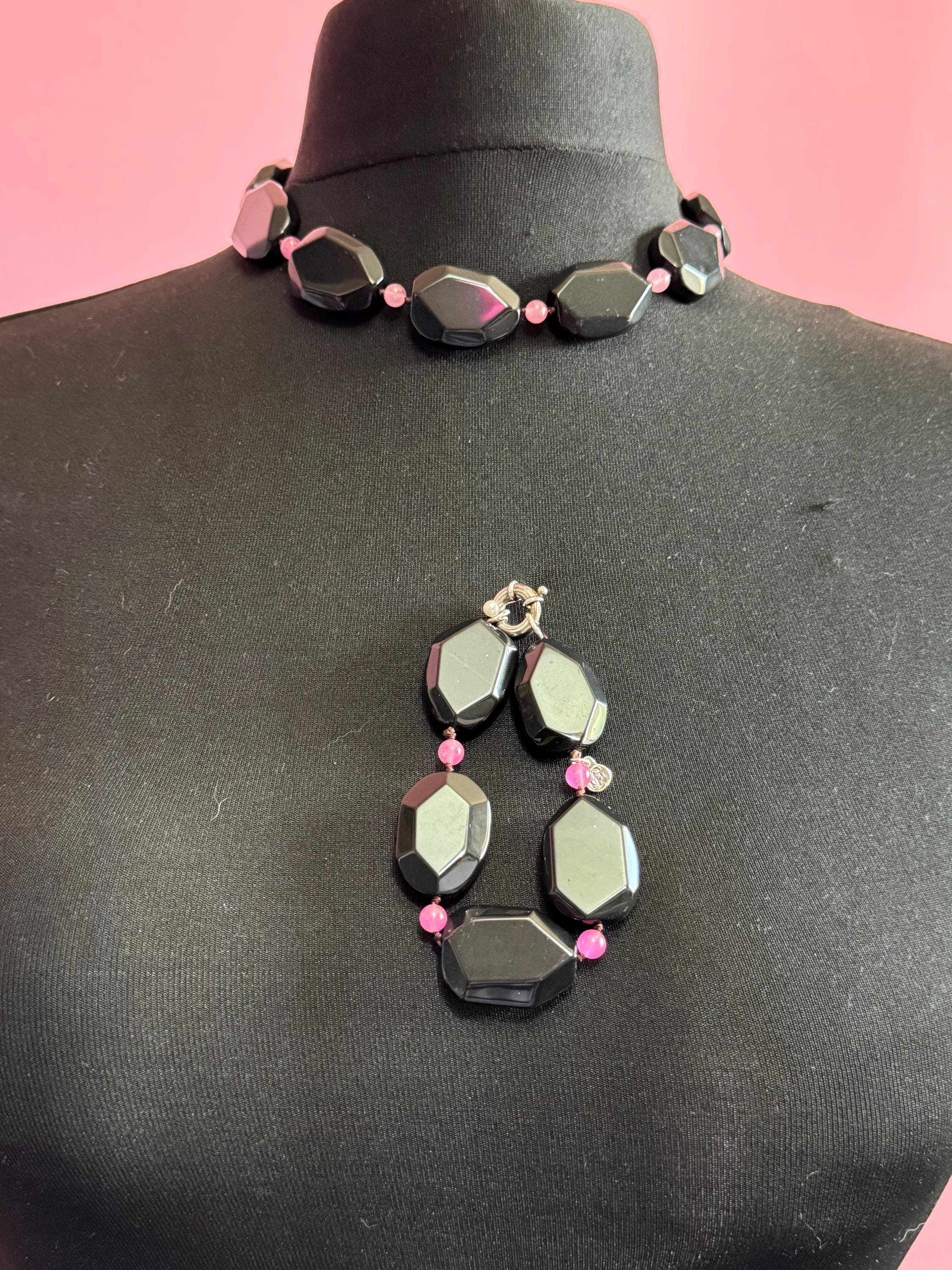 Signed 925 silver Modernist black tourmaline and pink gemstone chunky beaded necklace and bracelet set