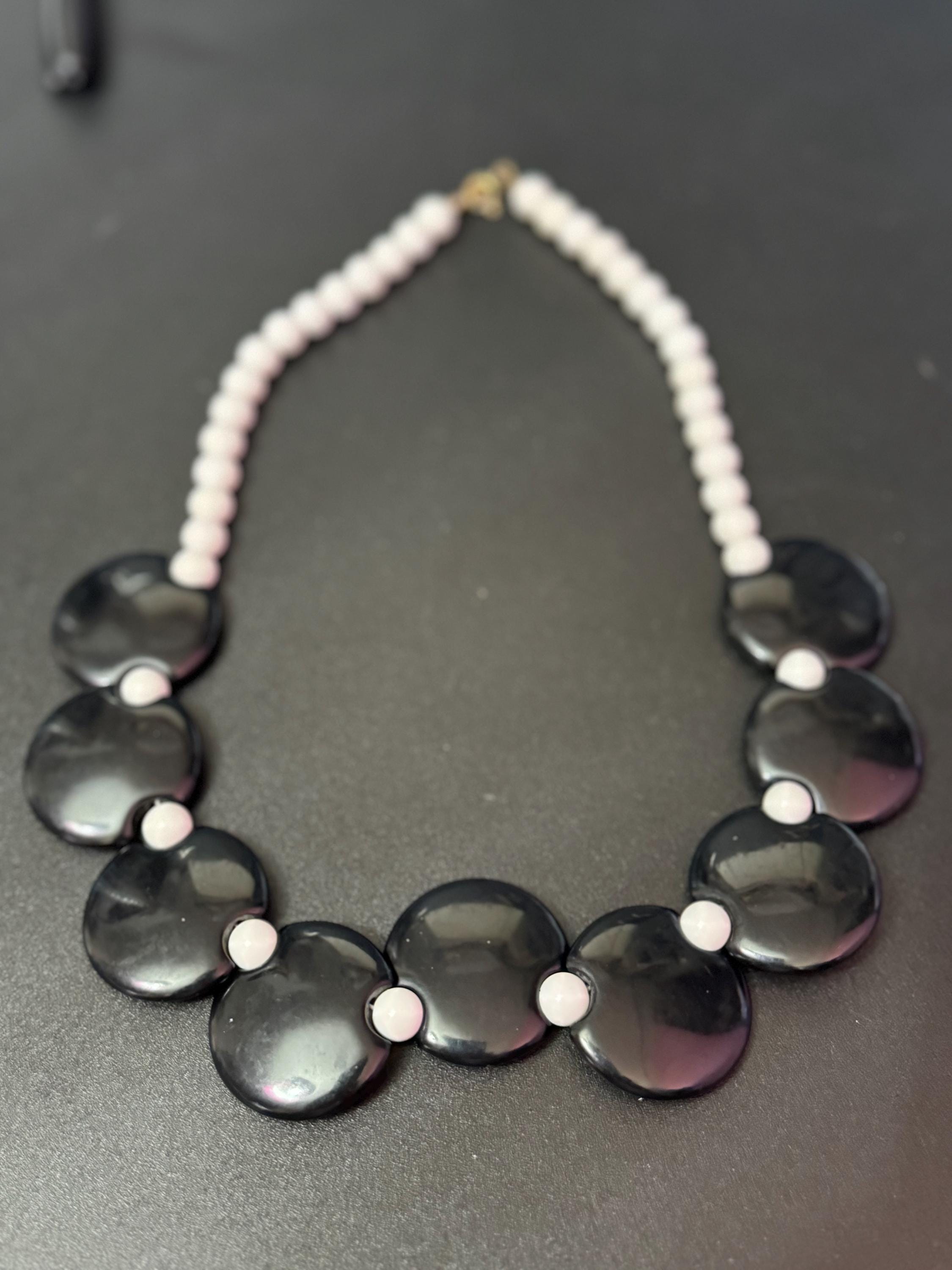 Vintage early plastic black and white monochrome beaded necklace