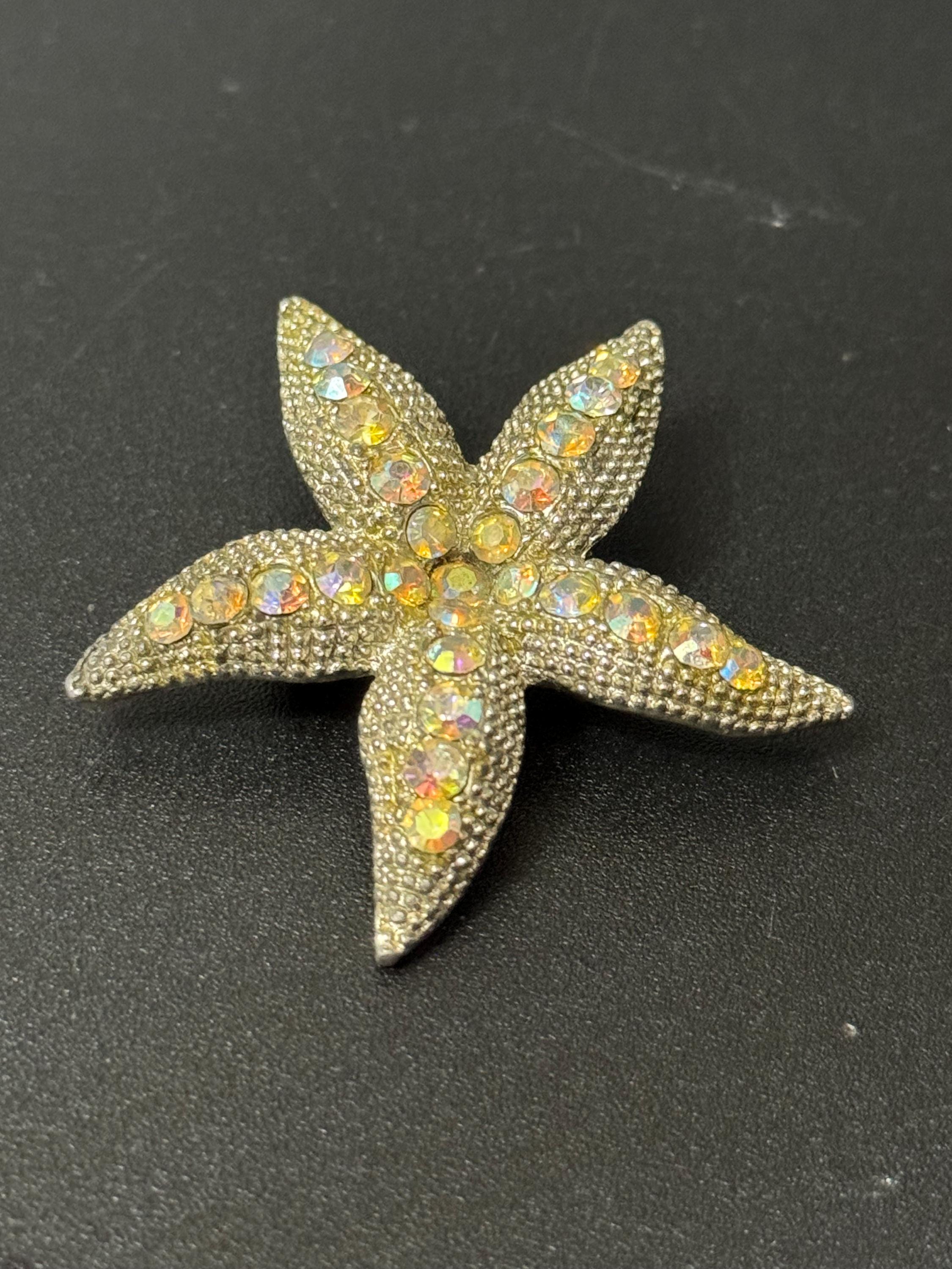 Vintage silver tone aurora borealis AB diamanté starfish brooch