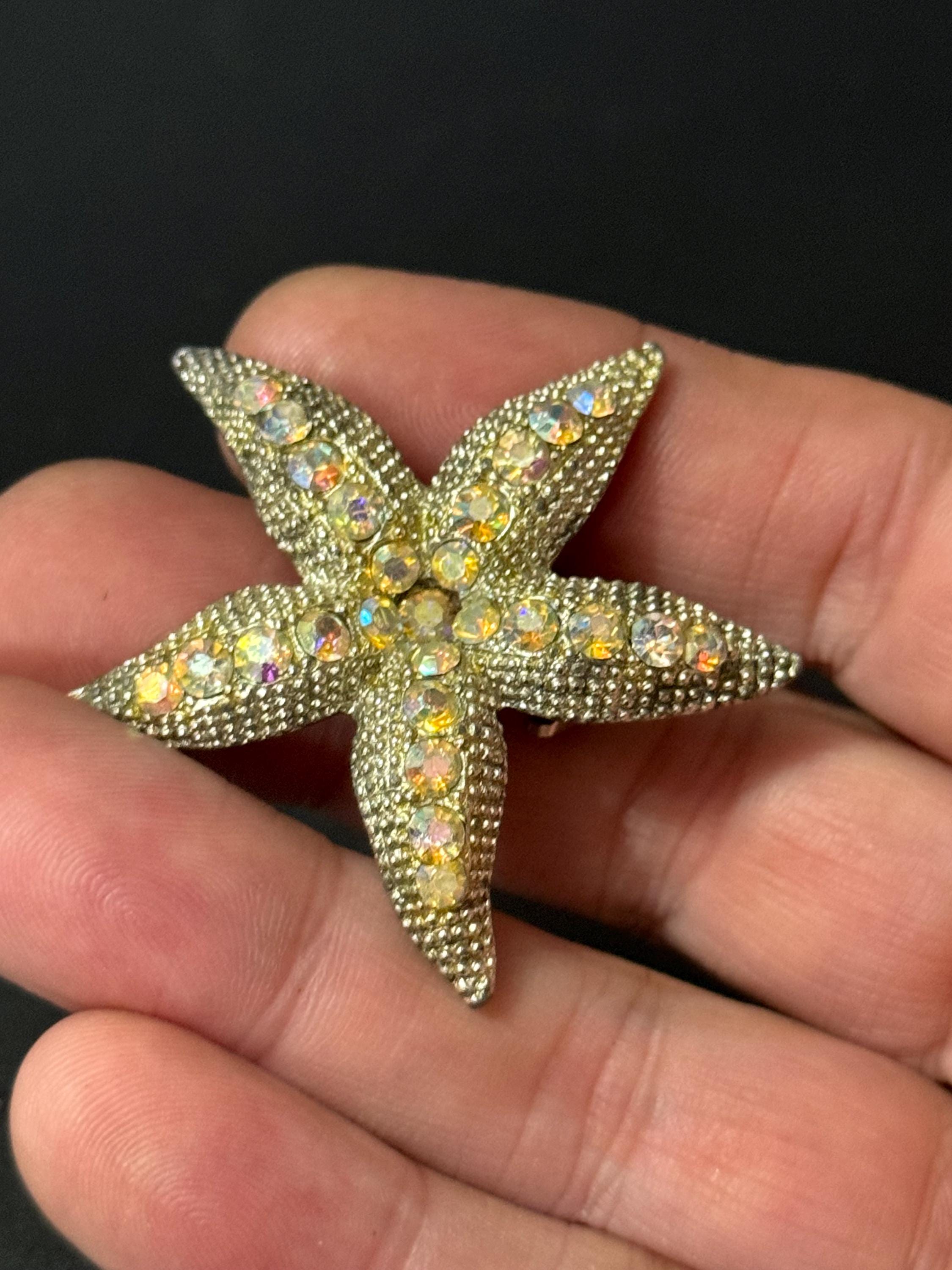 Vintage silver tone aurora borealis AB diamanté starfish brooch