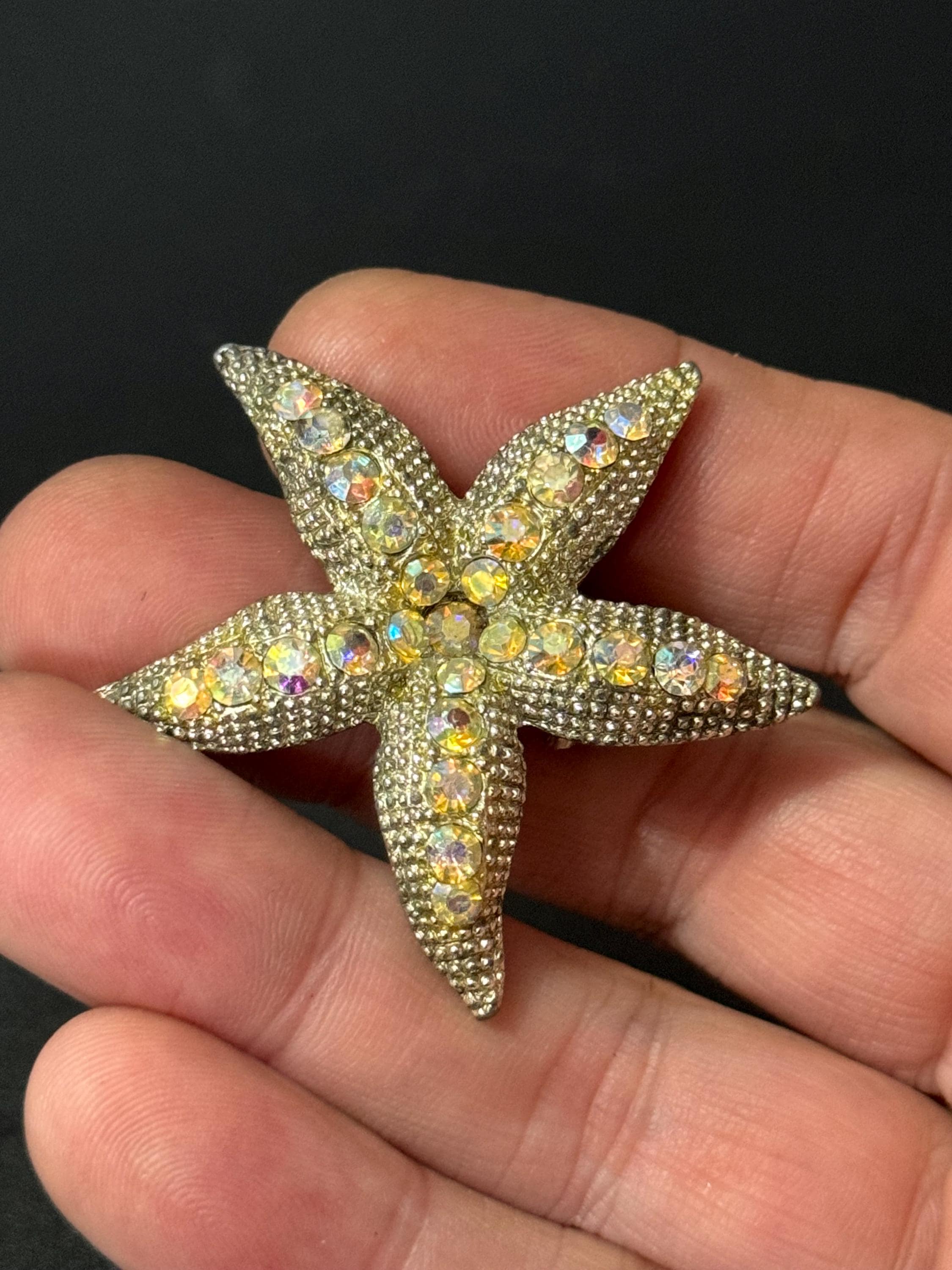 Vintage silver tone aurora borealis AB diamanté starfish brooch