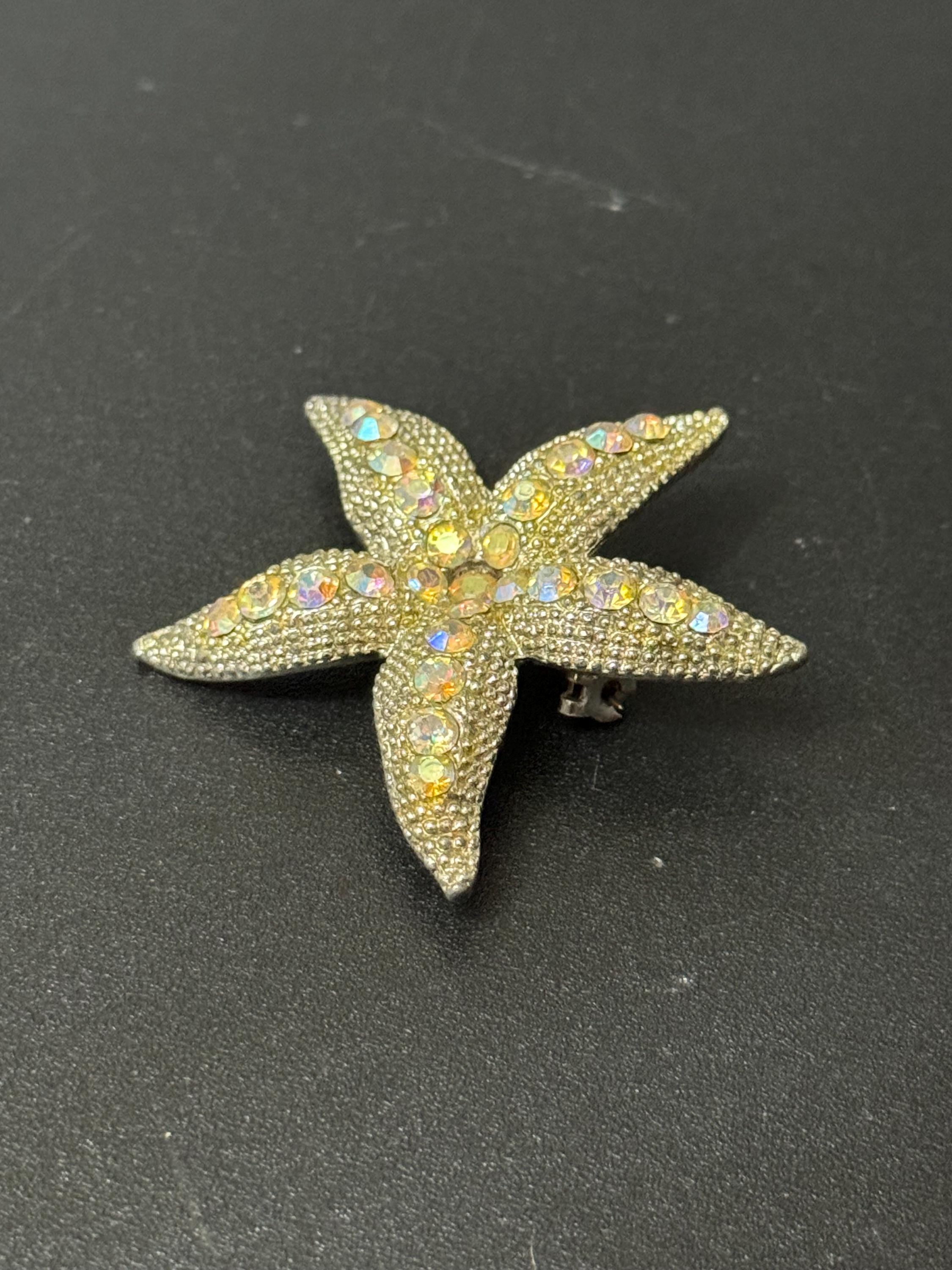 Vintage silver tone aurora borealis AB diamanté starfish brooch