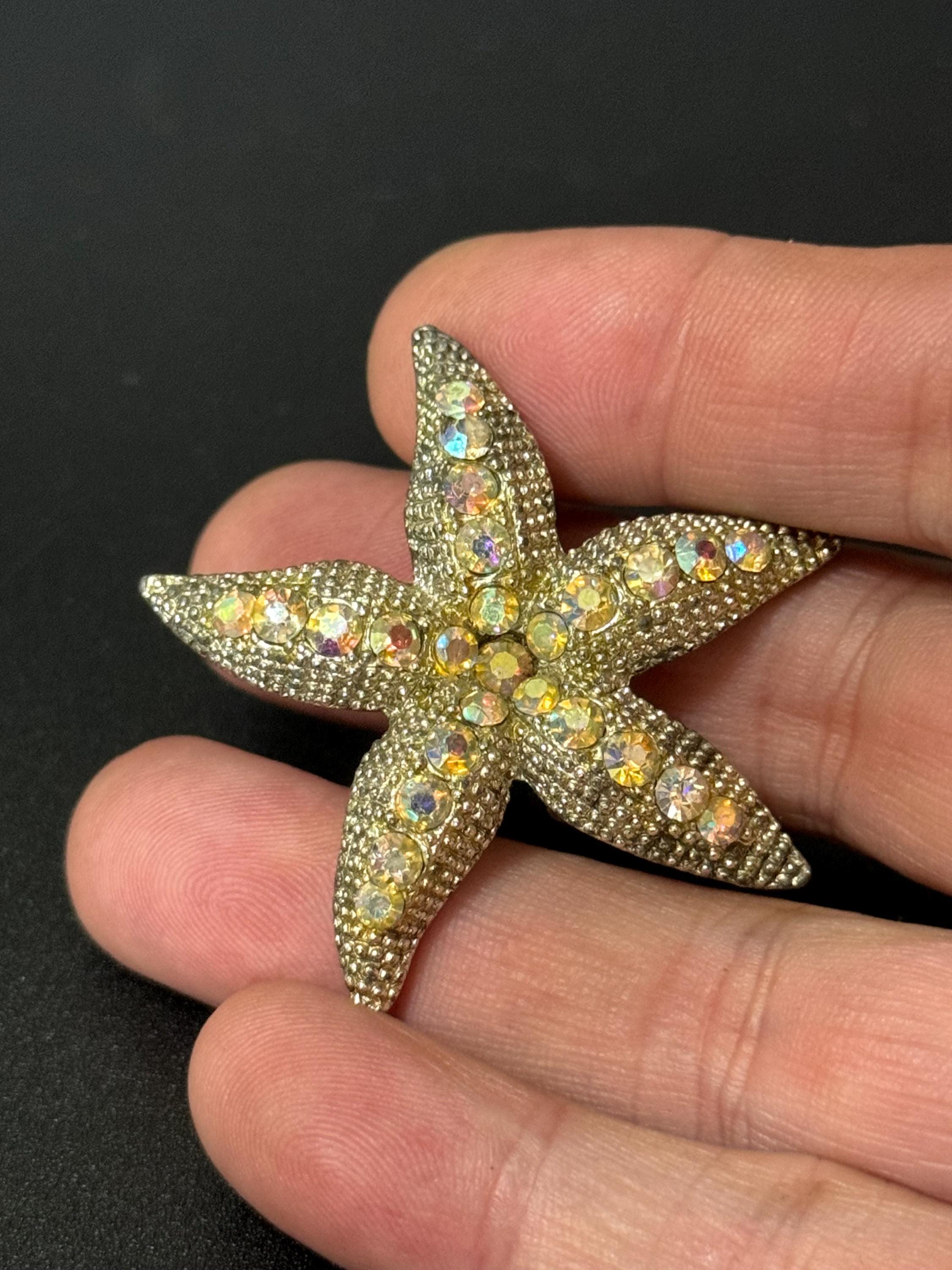 Vintage silver tone aurora borealis AB diamanté starfish brooch