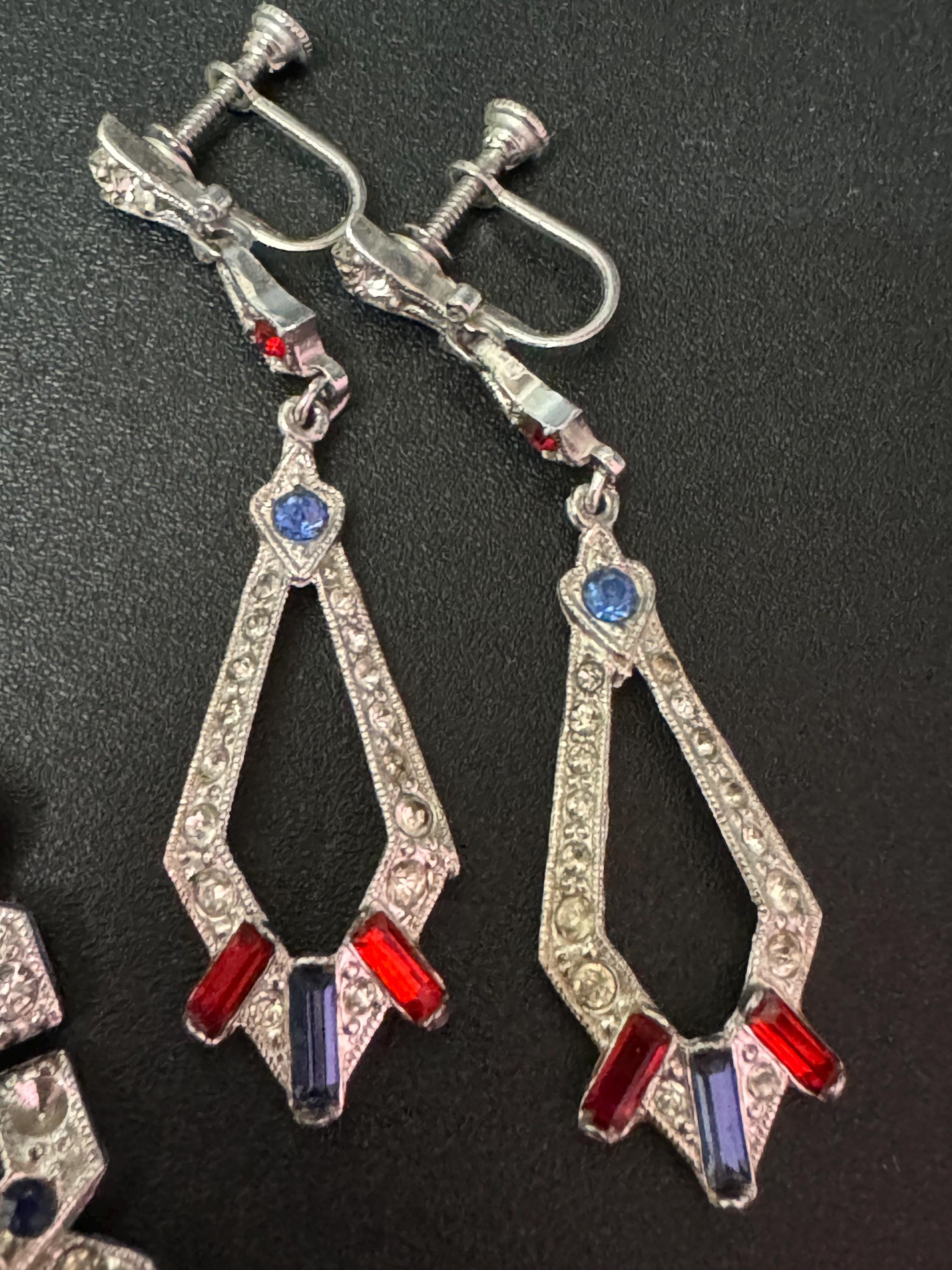 Vintage silver tone red white and blue rhinestone bracelet earring and dress clip set paste diamantés patriotic