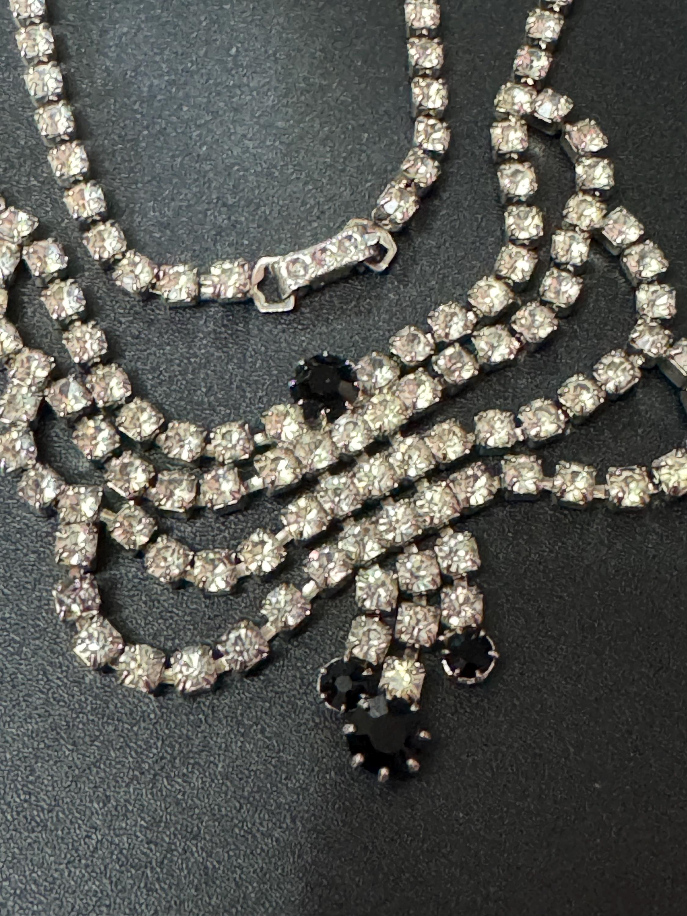 Vintage diamanté rhinestone black and clear paste set swag drop necklace