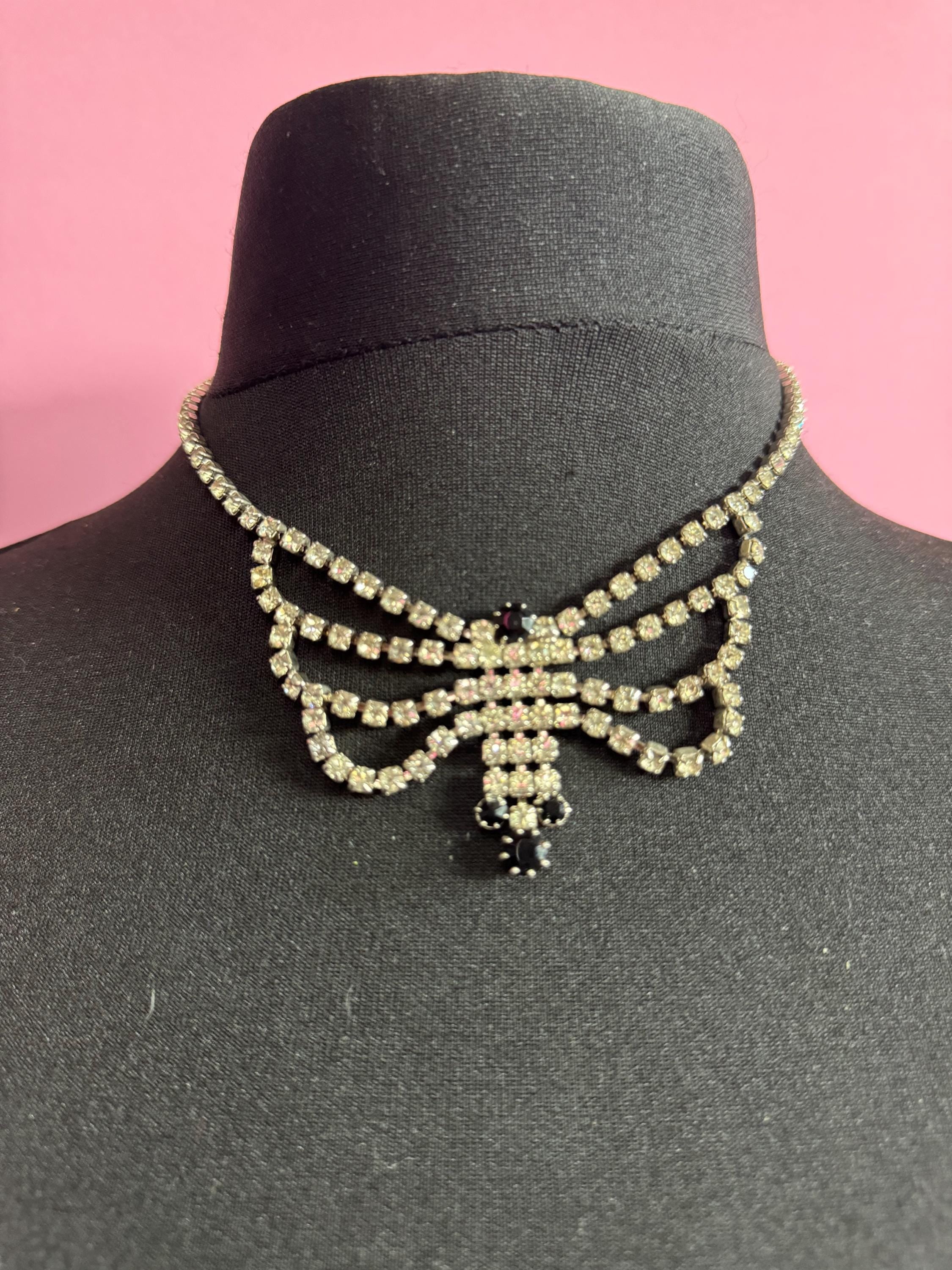 Vintage diamanté rhinestone black and clear paste set swag drop necklace