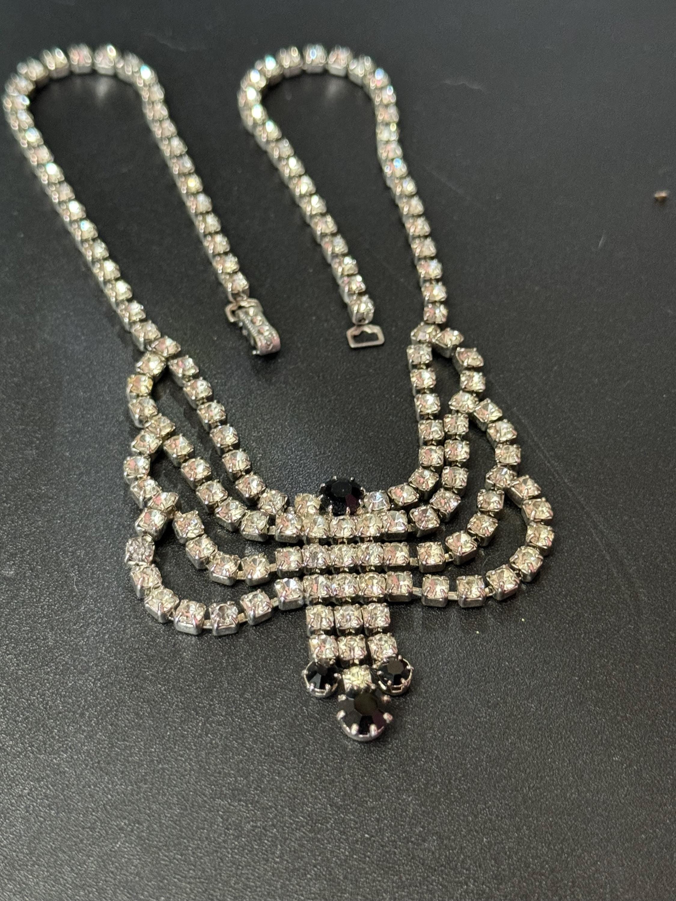 Vintage diamanté rhinestone black and clear paste set swag drop necklace