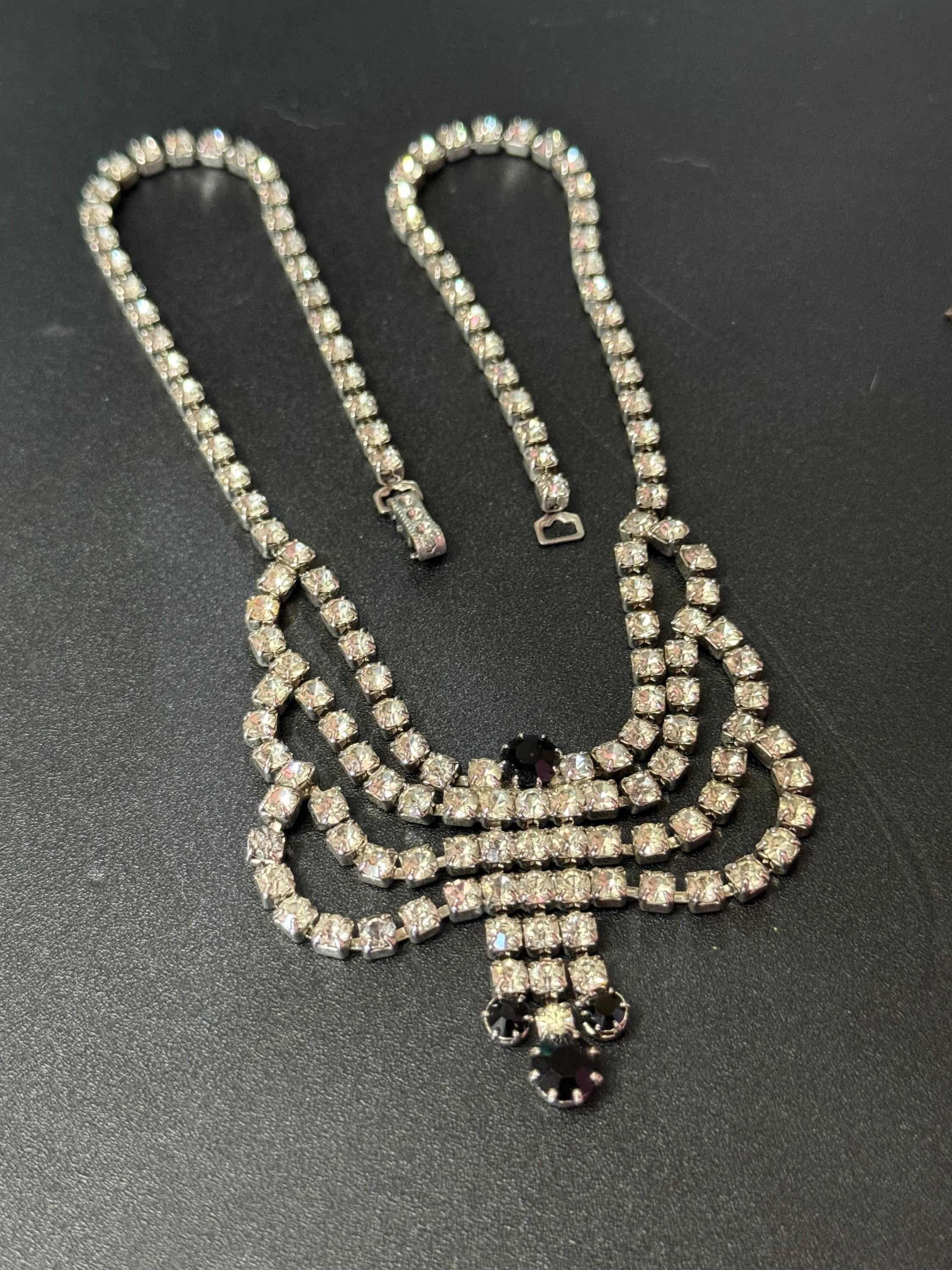 Vintage diamanté rhinestone black and clear paste set swag drop necklace