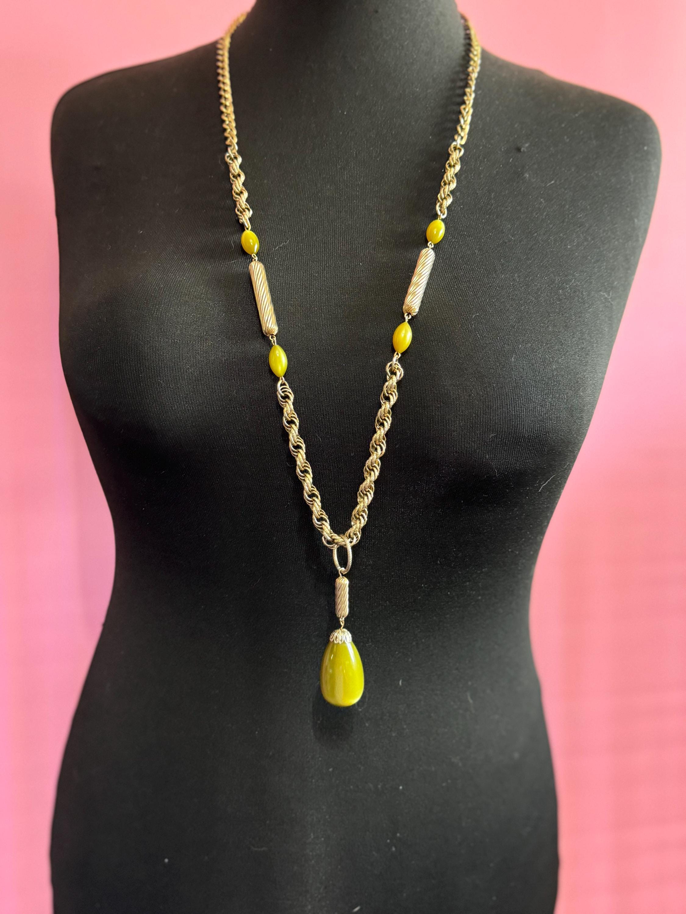 Vintage 1970s khaki olive green glass tube and teardrop beaded long rope chain station link necklace 96cm