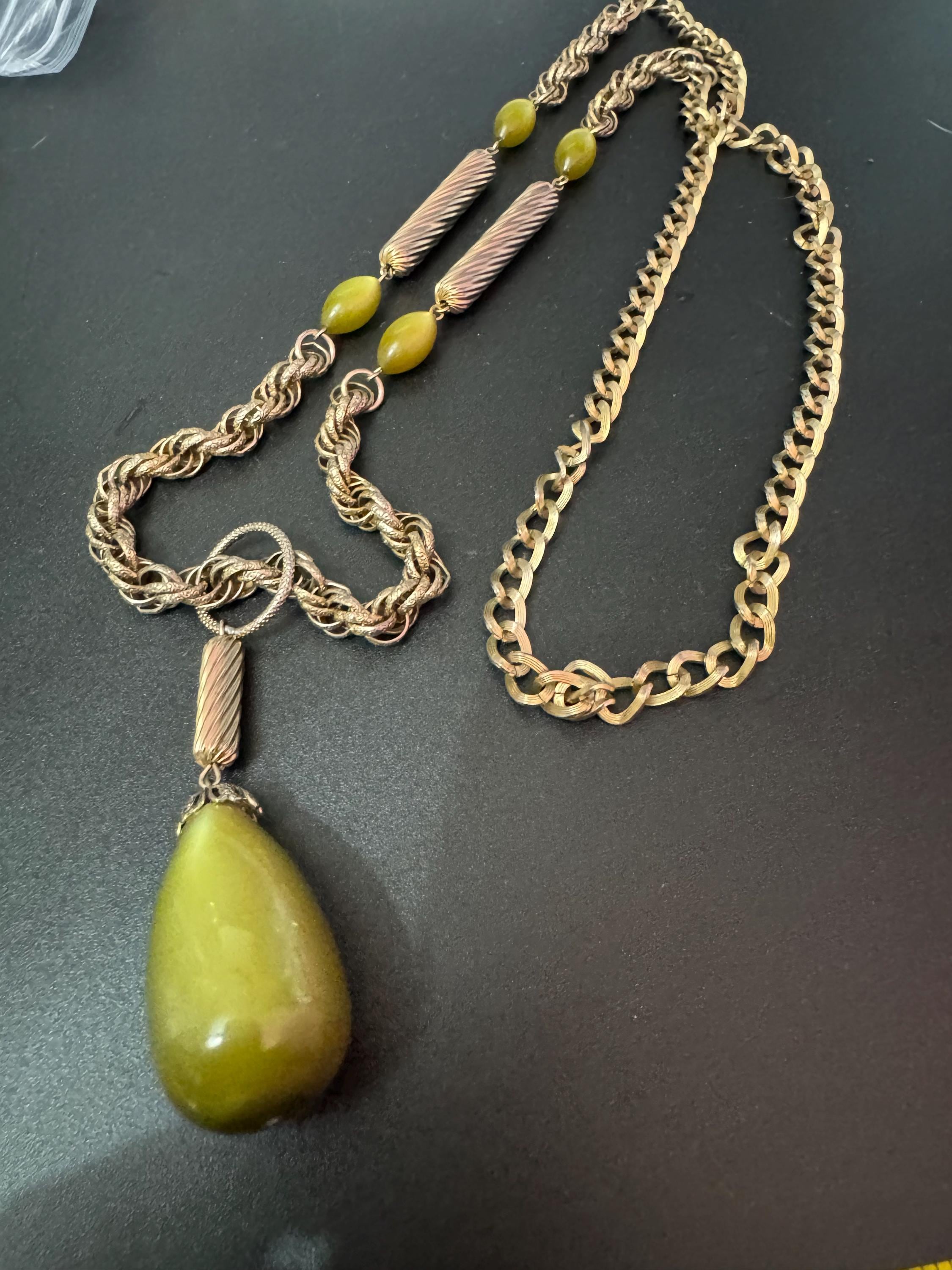 Vintage 1970s khaki olive green glass tube and teardrop beaded long rope chain station link necklace 96cm