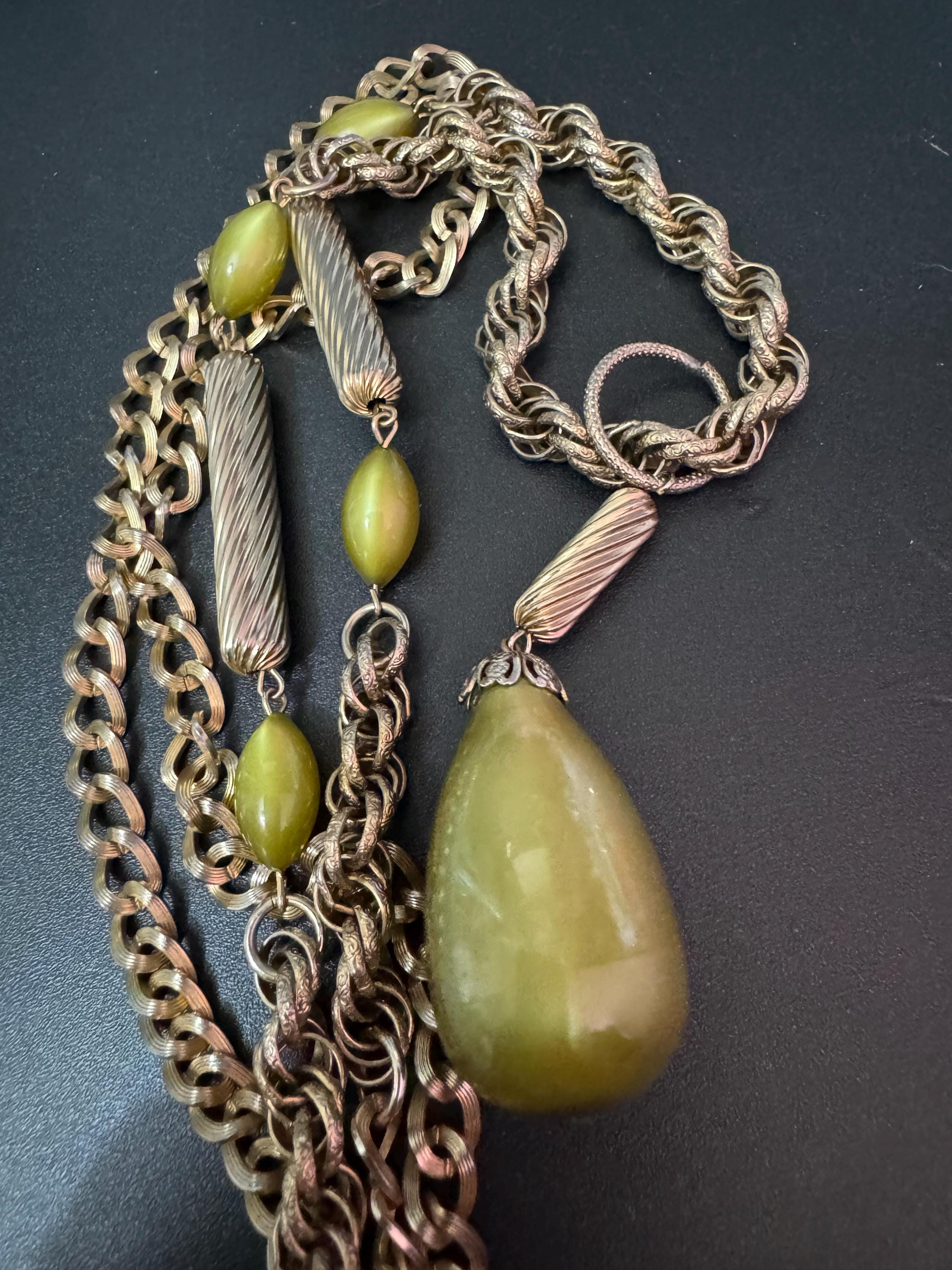 Vintage 1970s khaki olive green glass tube and teardrop beaded long rope chain station link necklace 96cm