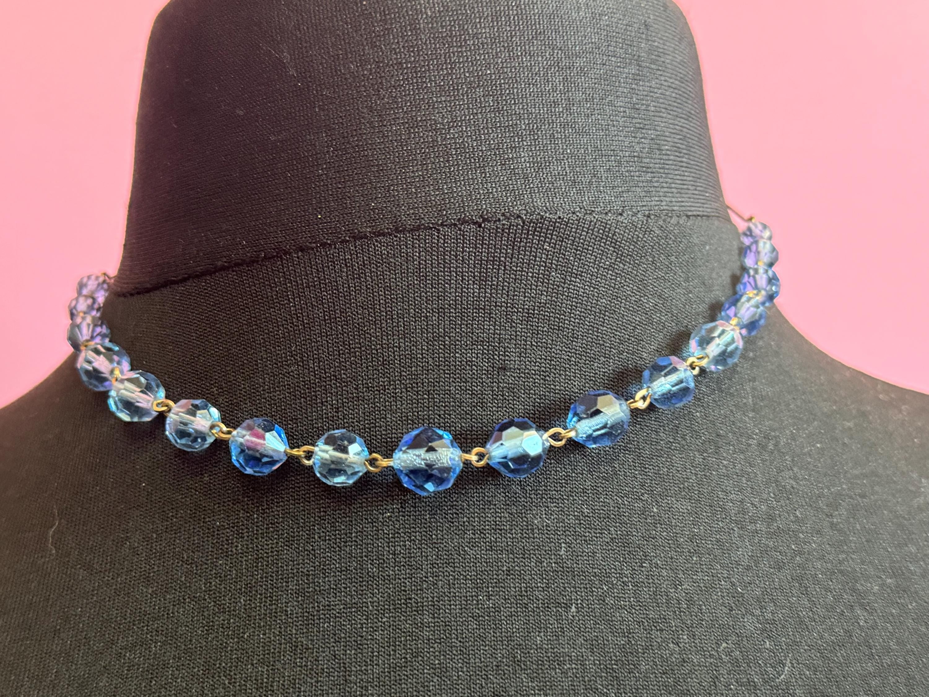 Art Deco Czech sapphire blue beaded crystal Necklace gold tone 42cm