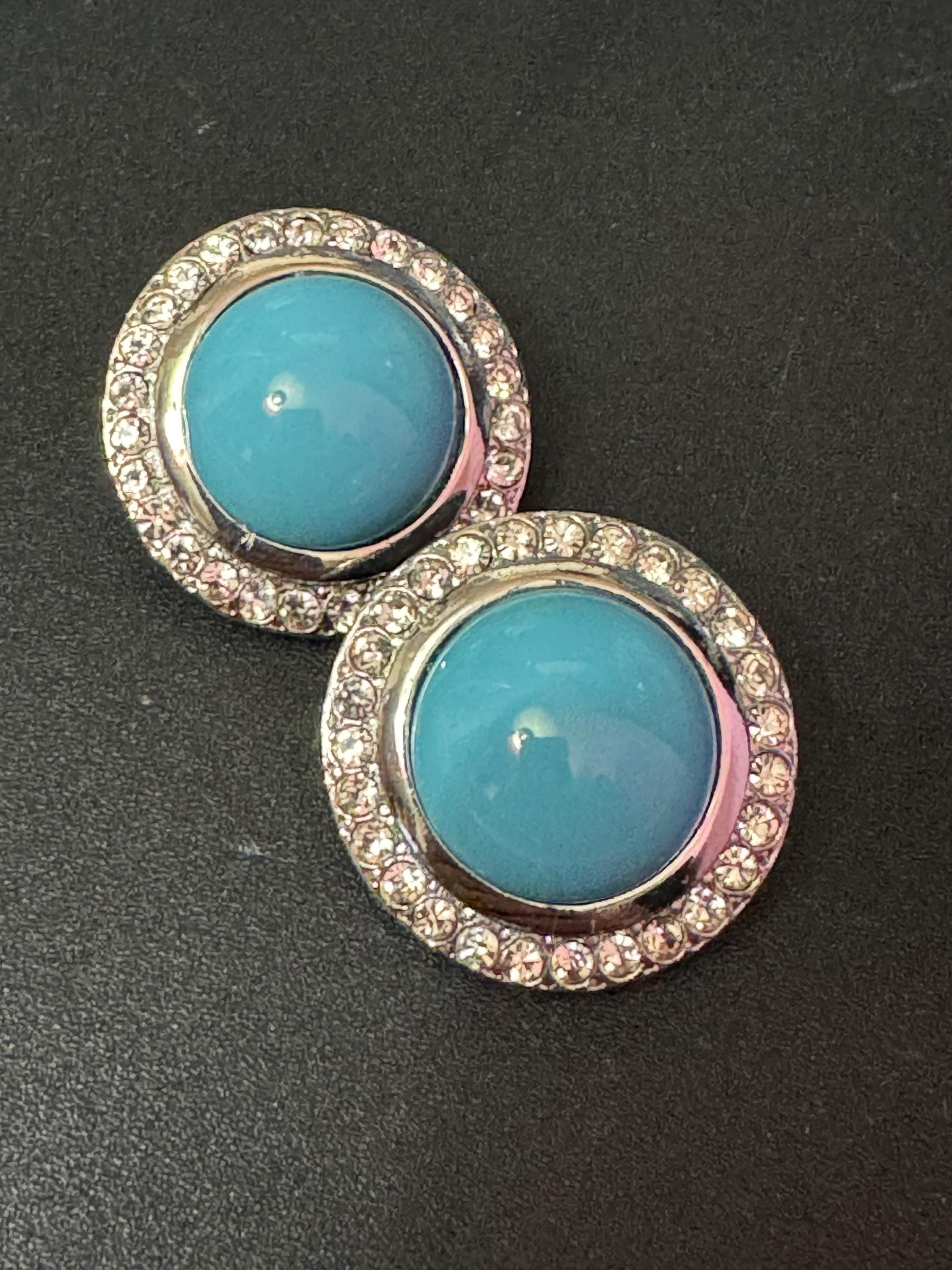 vintage oversized 3cm silver tone turquoise blue cabochon and clear Swarovski crystal round stud earrings