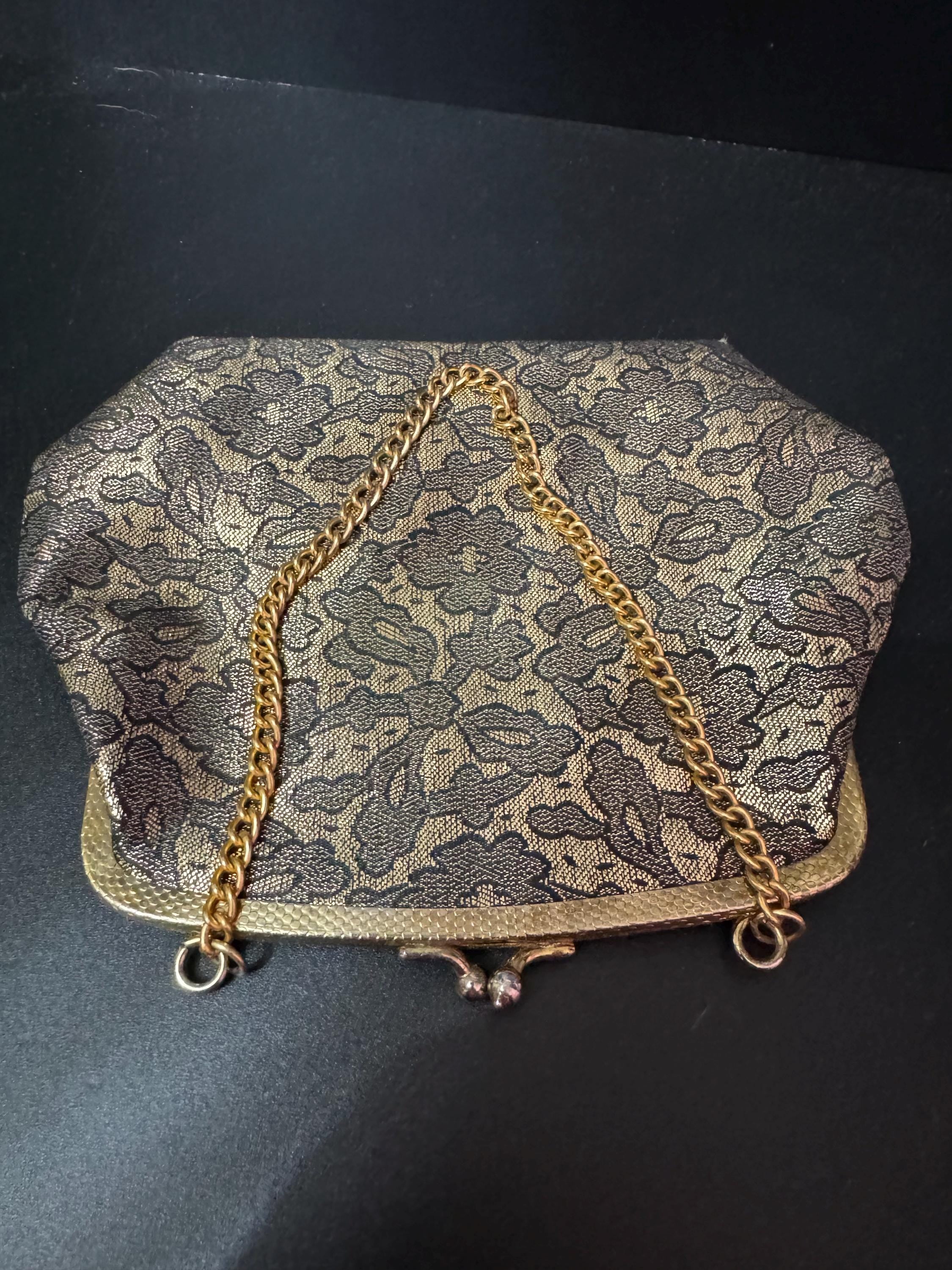 Vintage black and gold Lurex lame clutch Evening bag cosmetics chain Purse 1960s 1970s