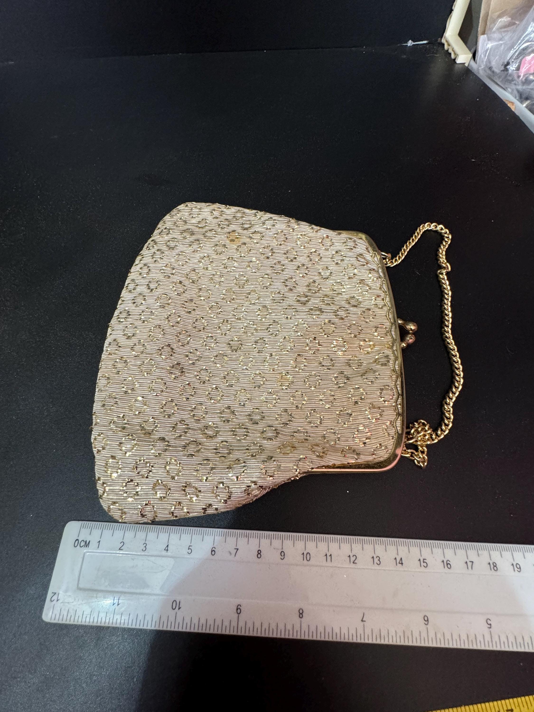 Vintage gold Lurex lame clutch Evening bag cosmetics chain Purse 1960s 1970s