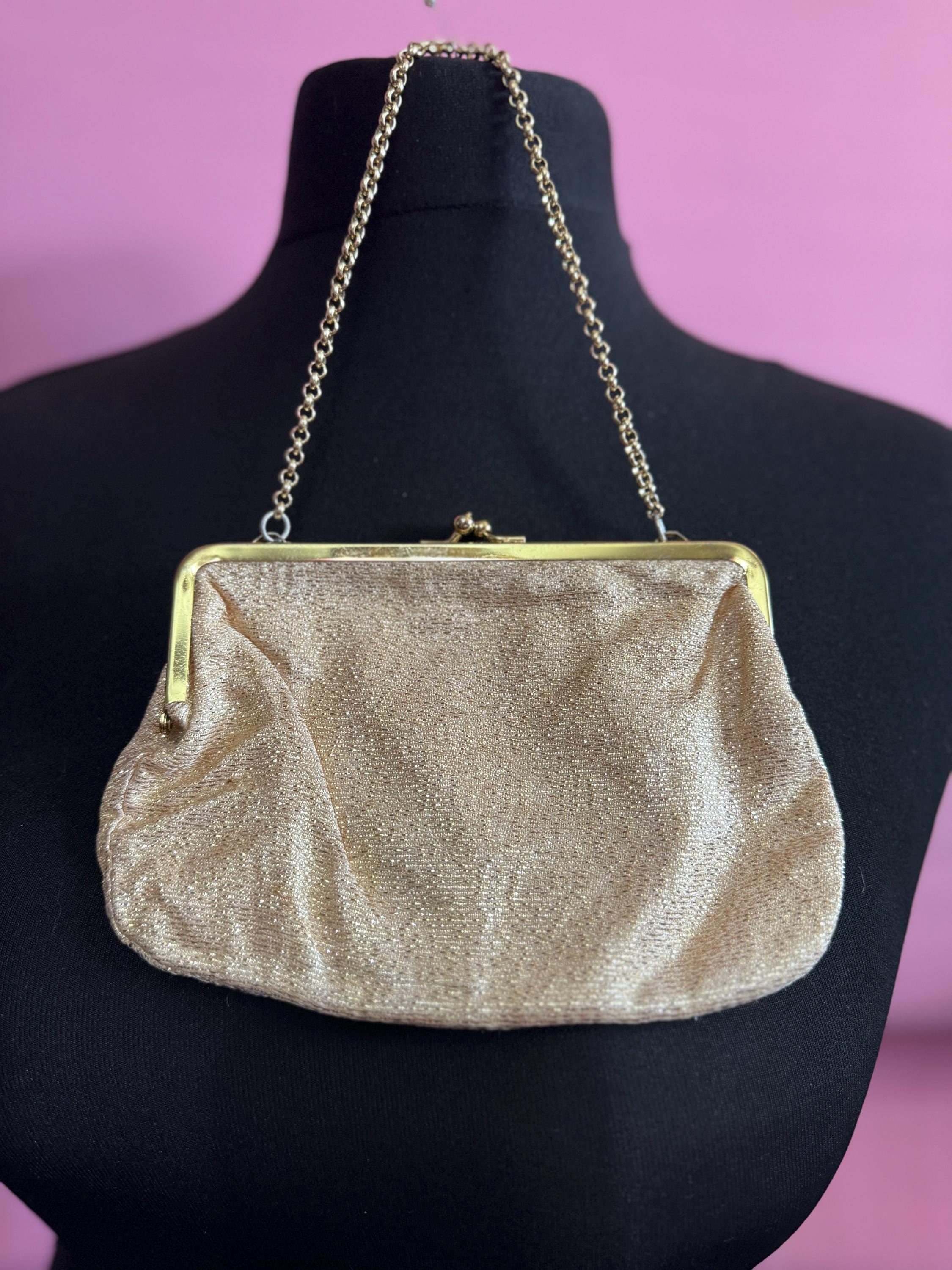 Vintage gold Lurex lame clutch Evening bag cosmetics chain Purse 1960s 1970s