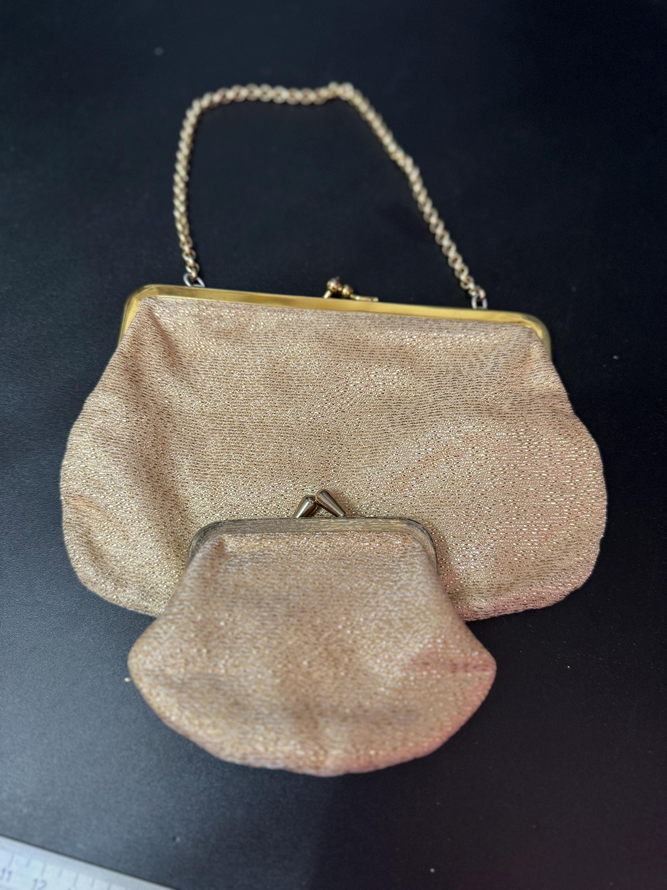 Vintage gold Lurex lame clutch Evening bag cosmetics chain Purse 1960s 1970s