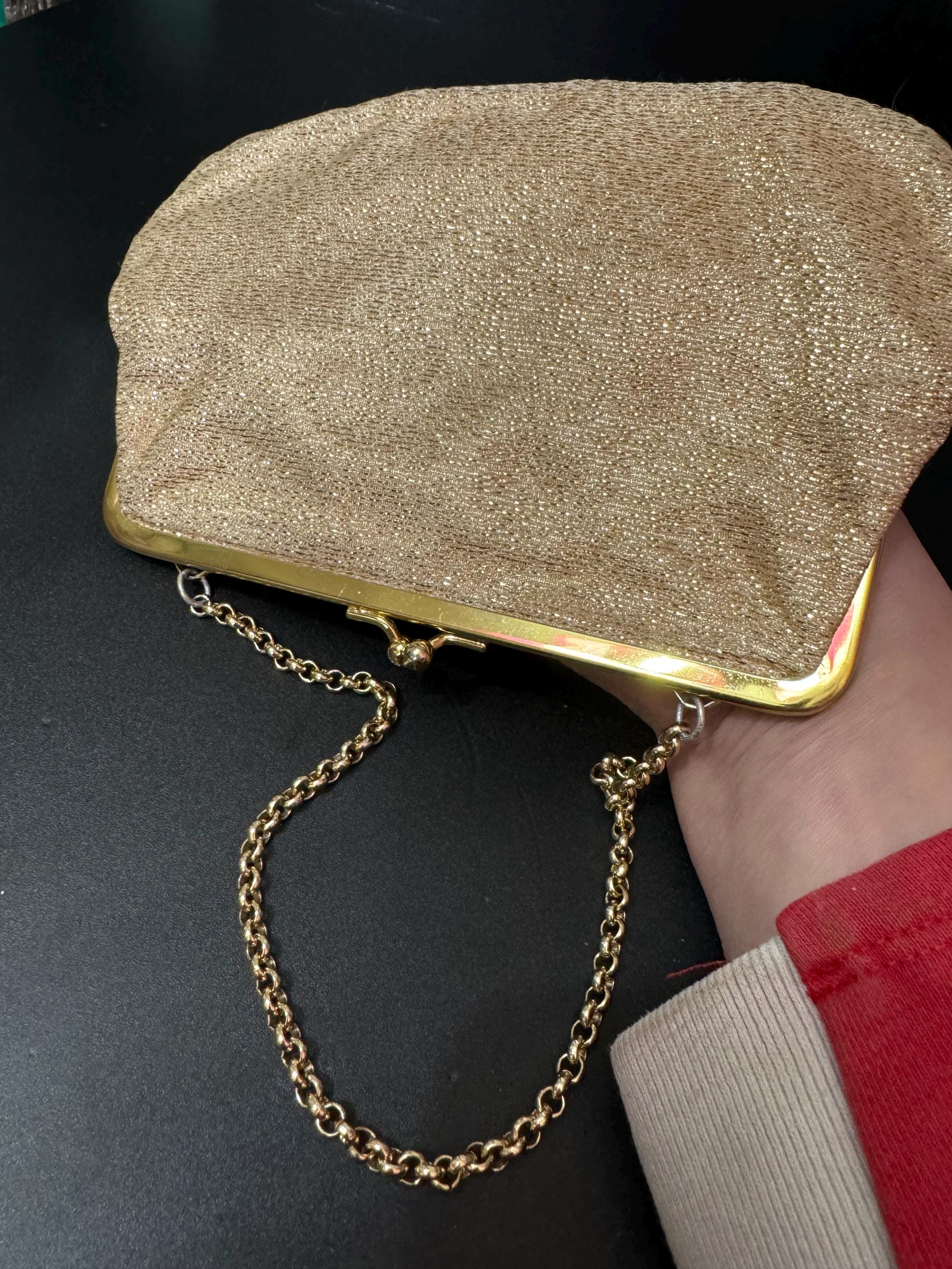 Vintage gold Lurex lame clutch Evening bag cosmetics chain Purse 1960s 1970s