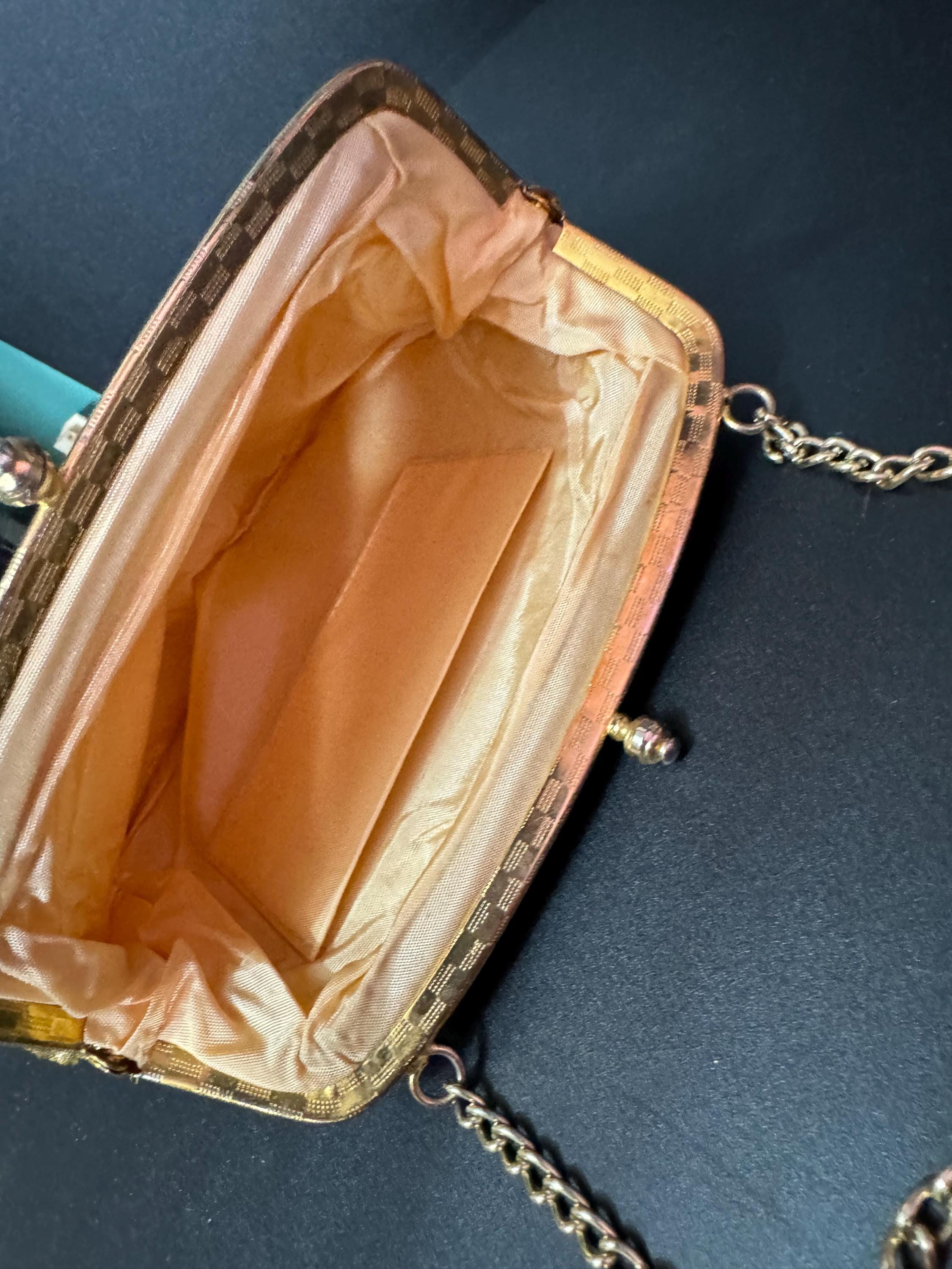 Vintage gold Lurex lame clutch Evening bag cosmetics chain Purse 1960s 1970s