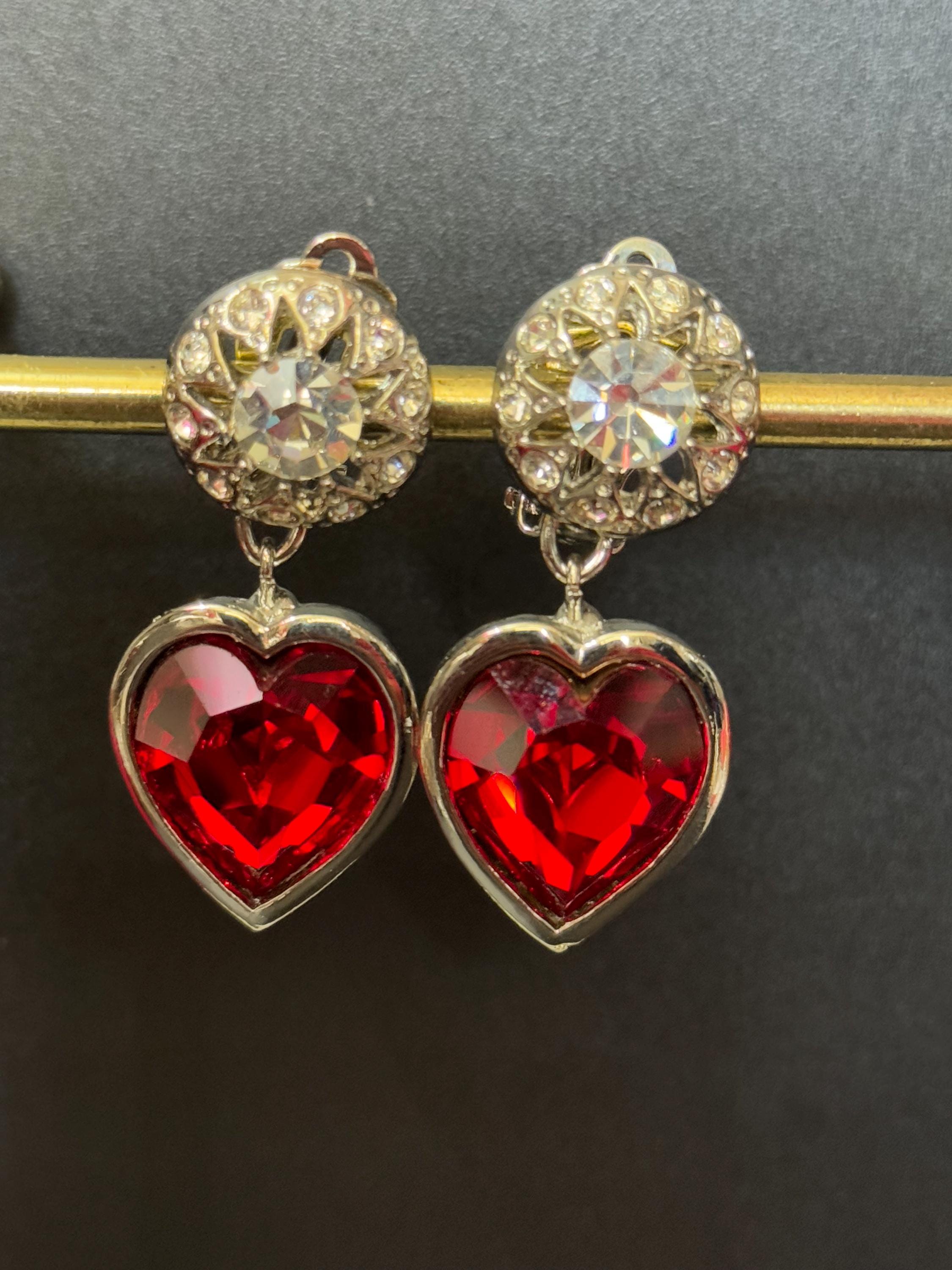 vintage silver tone ruby red and and clear Swarovski crystal love heart dangly drop earrings 1980s