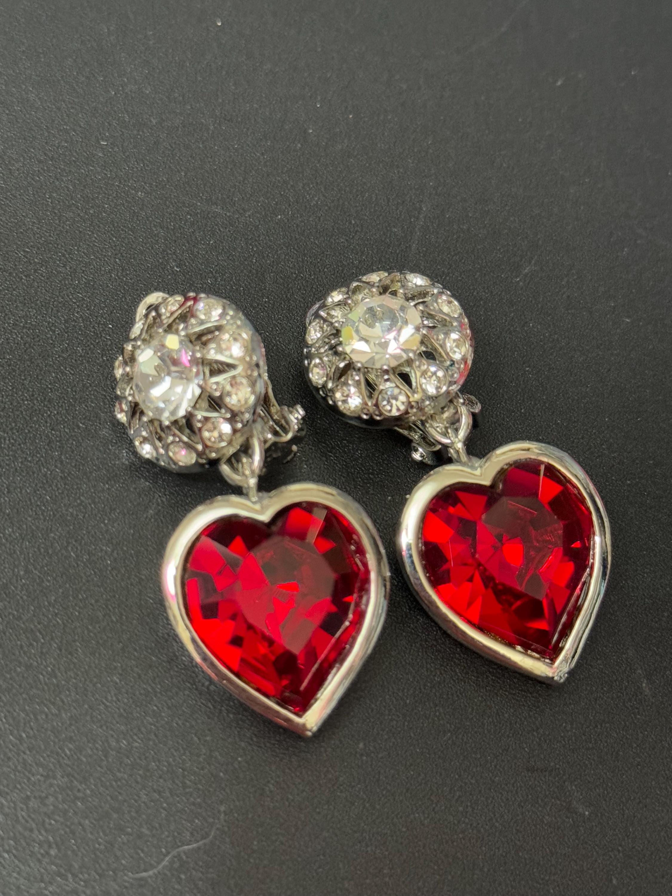 vintage silver tone ruby red and and clear Swarovski crystal love heart dangly drop earrings 1980s