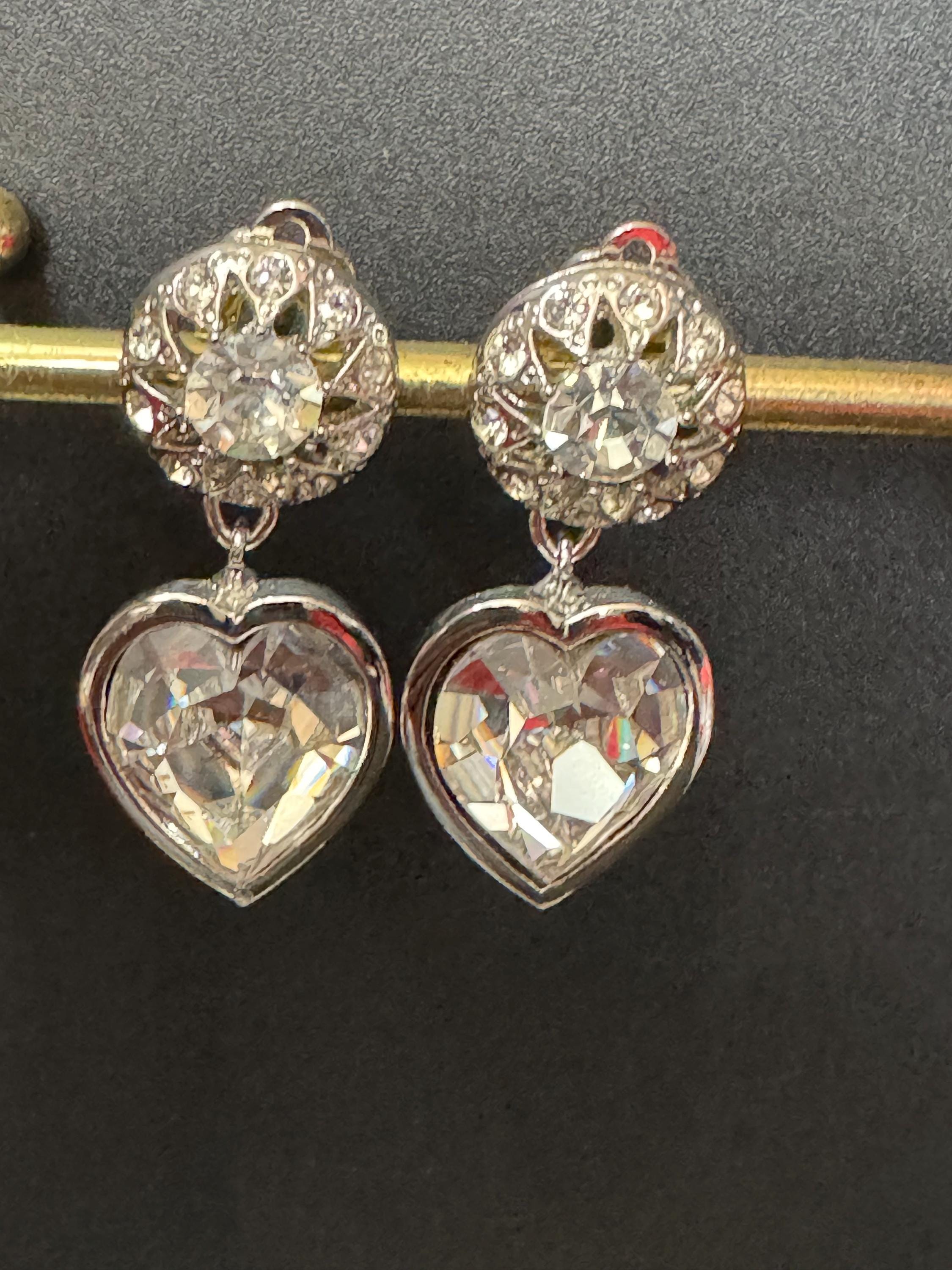 vintage silver tone clear Swarovski crystal love heart dangly drop earrings 1980s