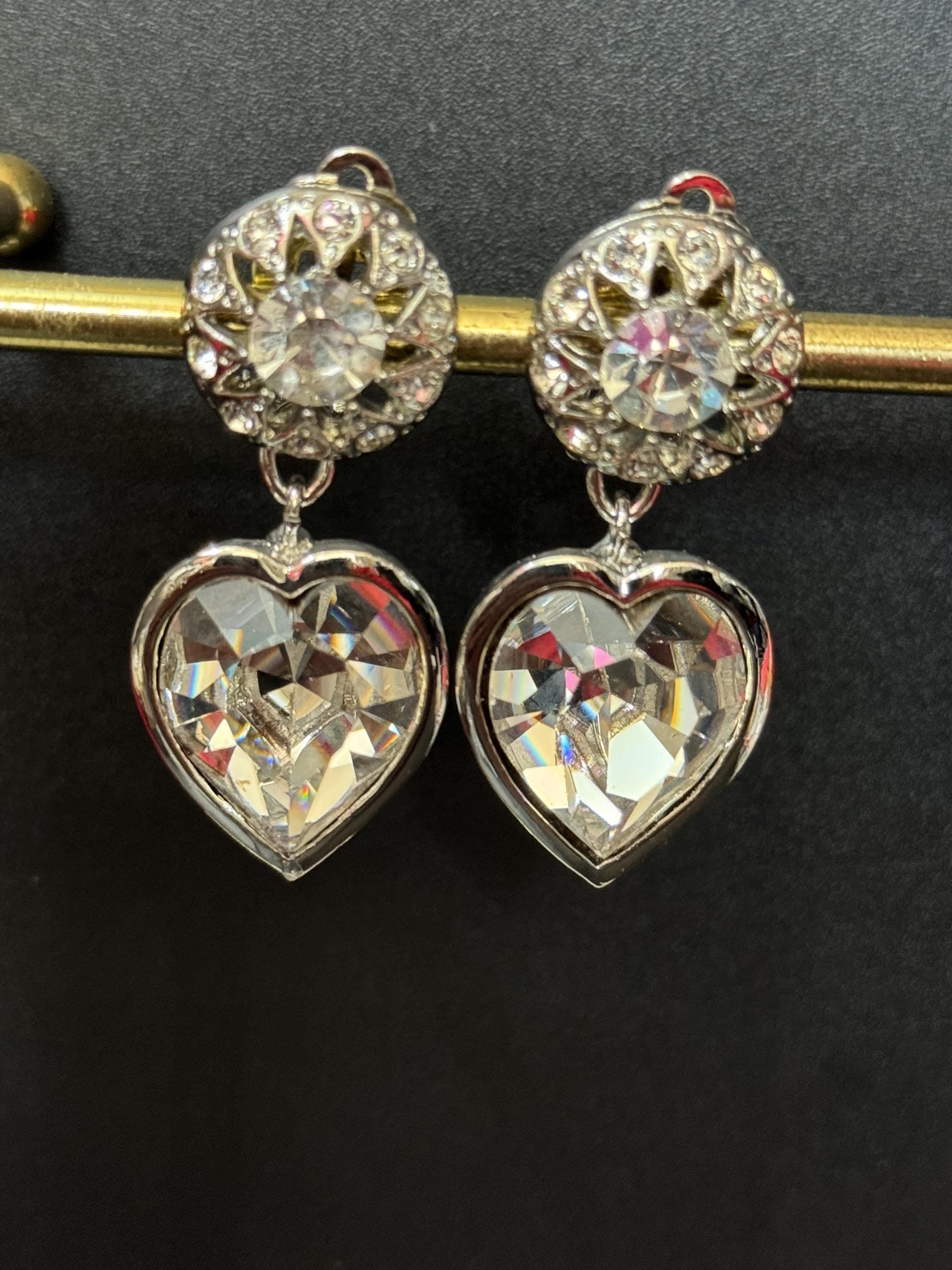 vintage silver tone clear Swarovski crystal love heart dangly drop earrings 1980s