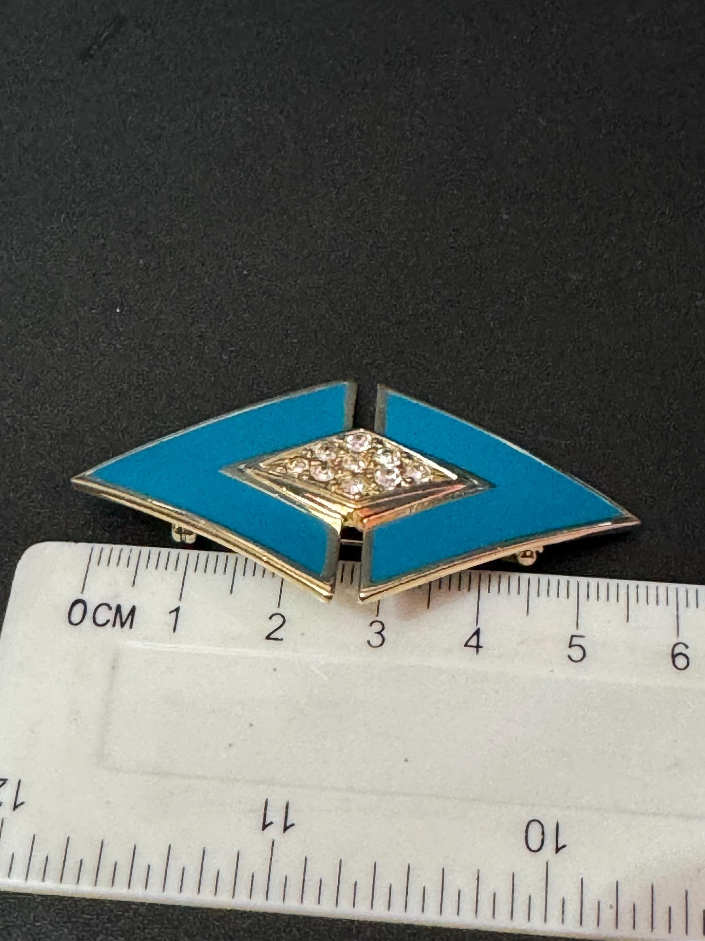 Vintage turquoise blue enamel diamanté gold tone geometric brooch 1980s