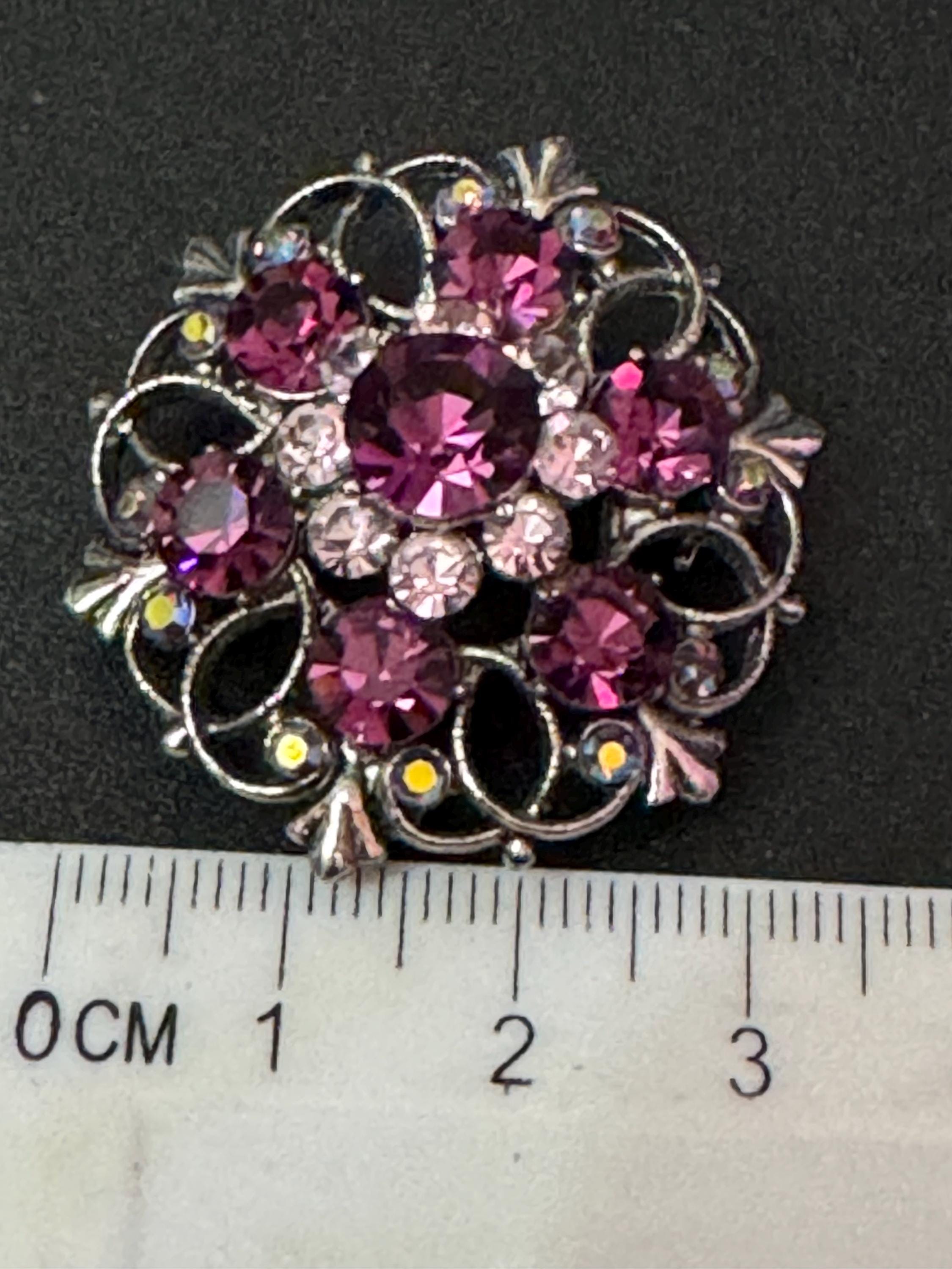 Signed Cadani Silver tone pink amethyst purple diamanté rhinestone brooch 4cm