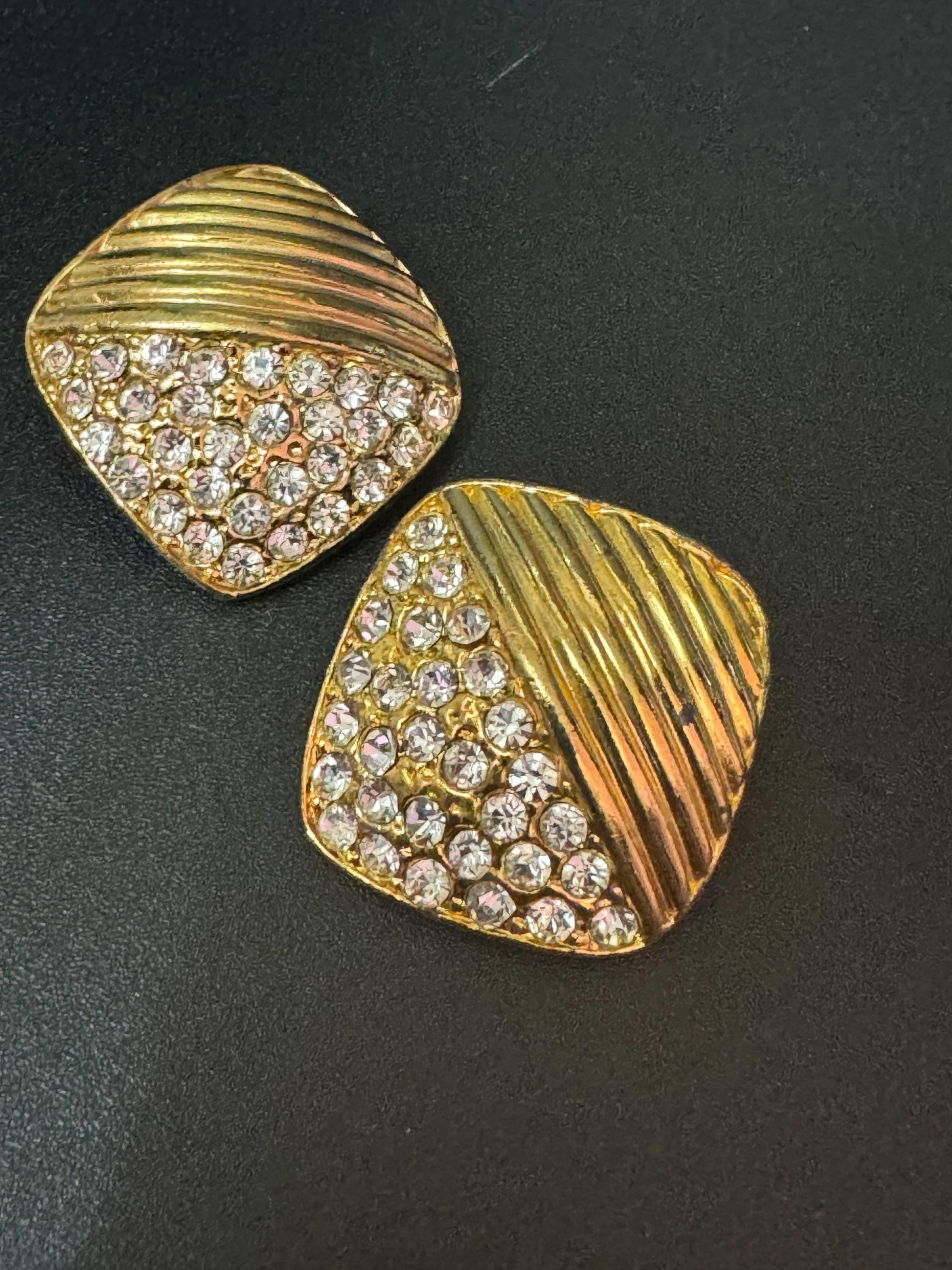 1980s modernist gold tone square clip on diamanté stud earrings 2.5cm