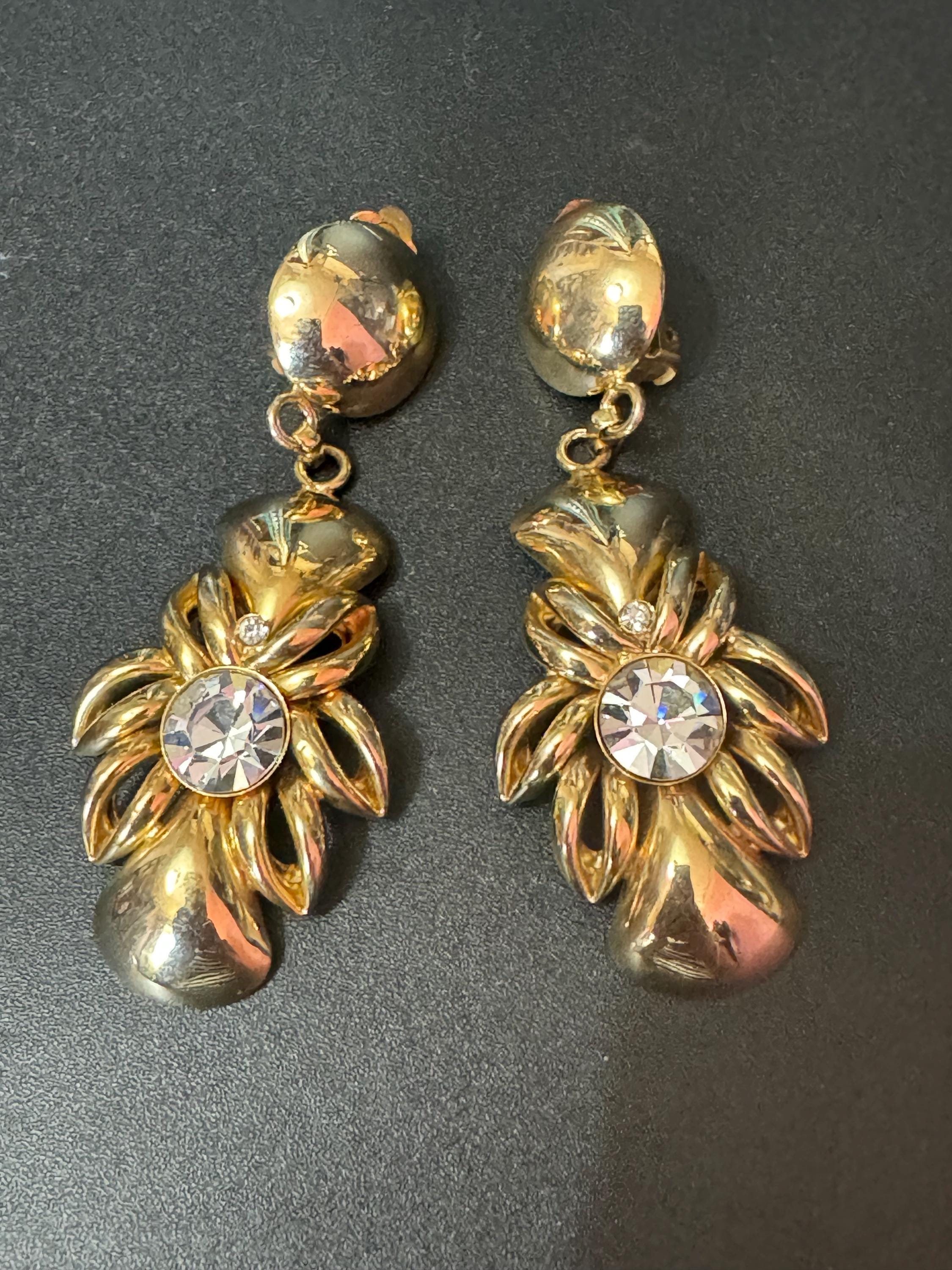 XL gold tone clip on diamante paste dangly drop earrings oversized