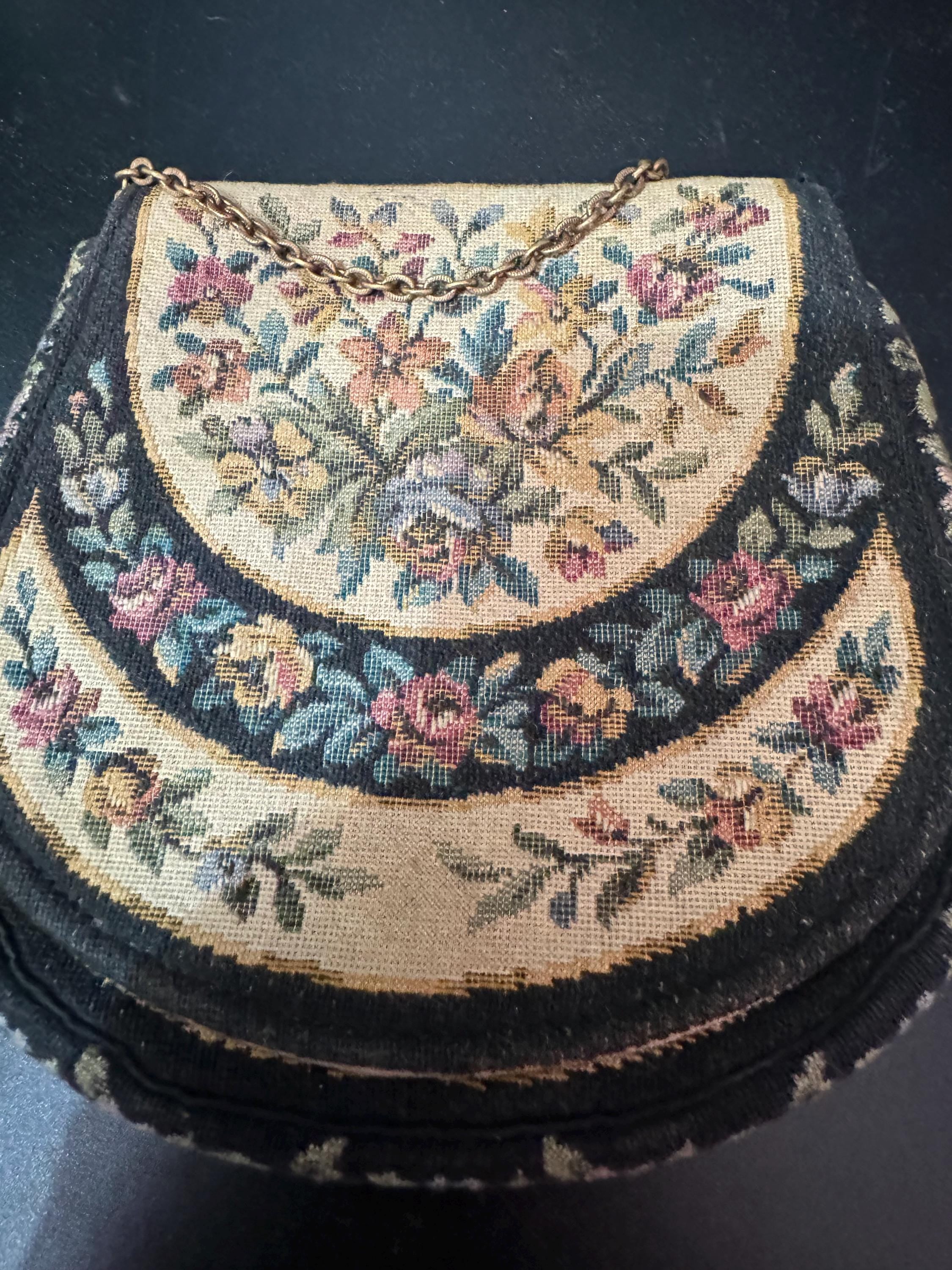 Antique black, beige and green Petit Point Tapestry Embroidered Floral evening Purse with brass clasp 1920s 1930s