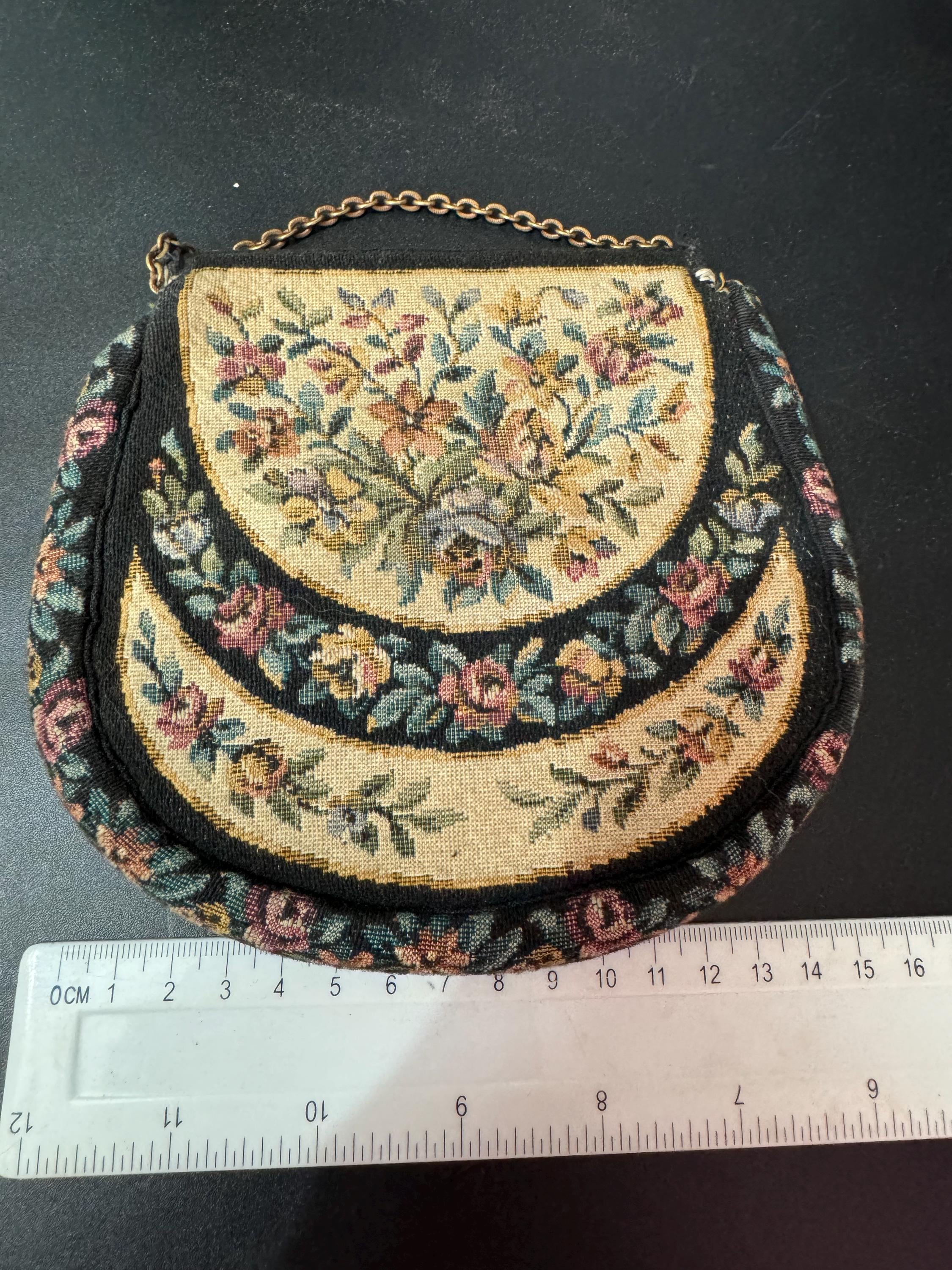 Antique black, beige and green Petit Point Tapestry Embroidered Floral evening Purse with brass clasp 1920s 1930s