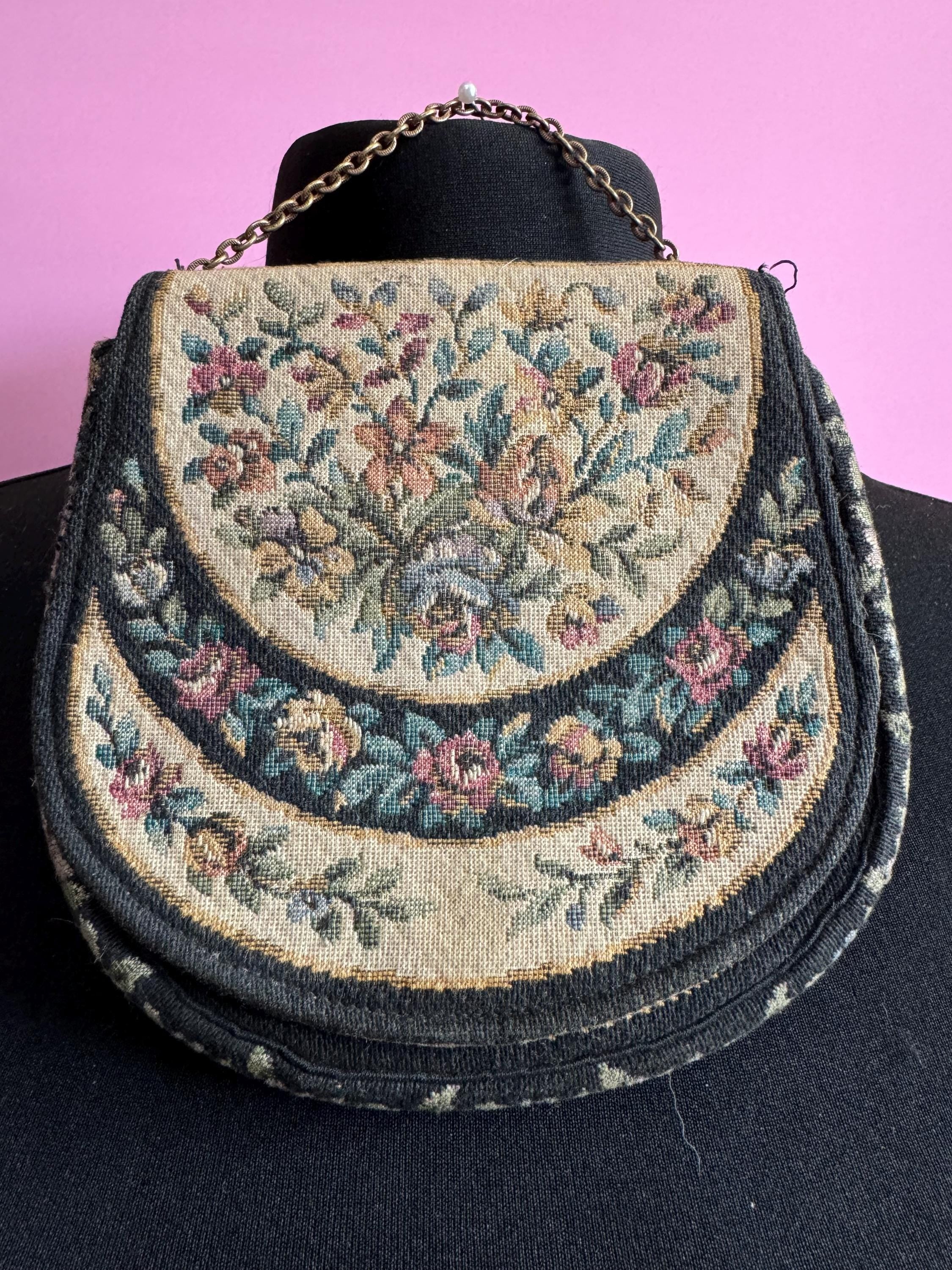 Antique black, beige and green Petit Point Tapestry Embroidered Floral evening Purse with brass clasp 1920s 1930s