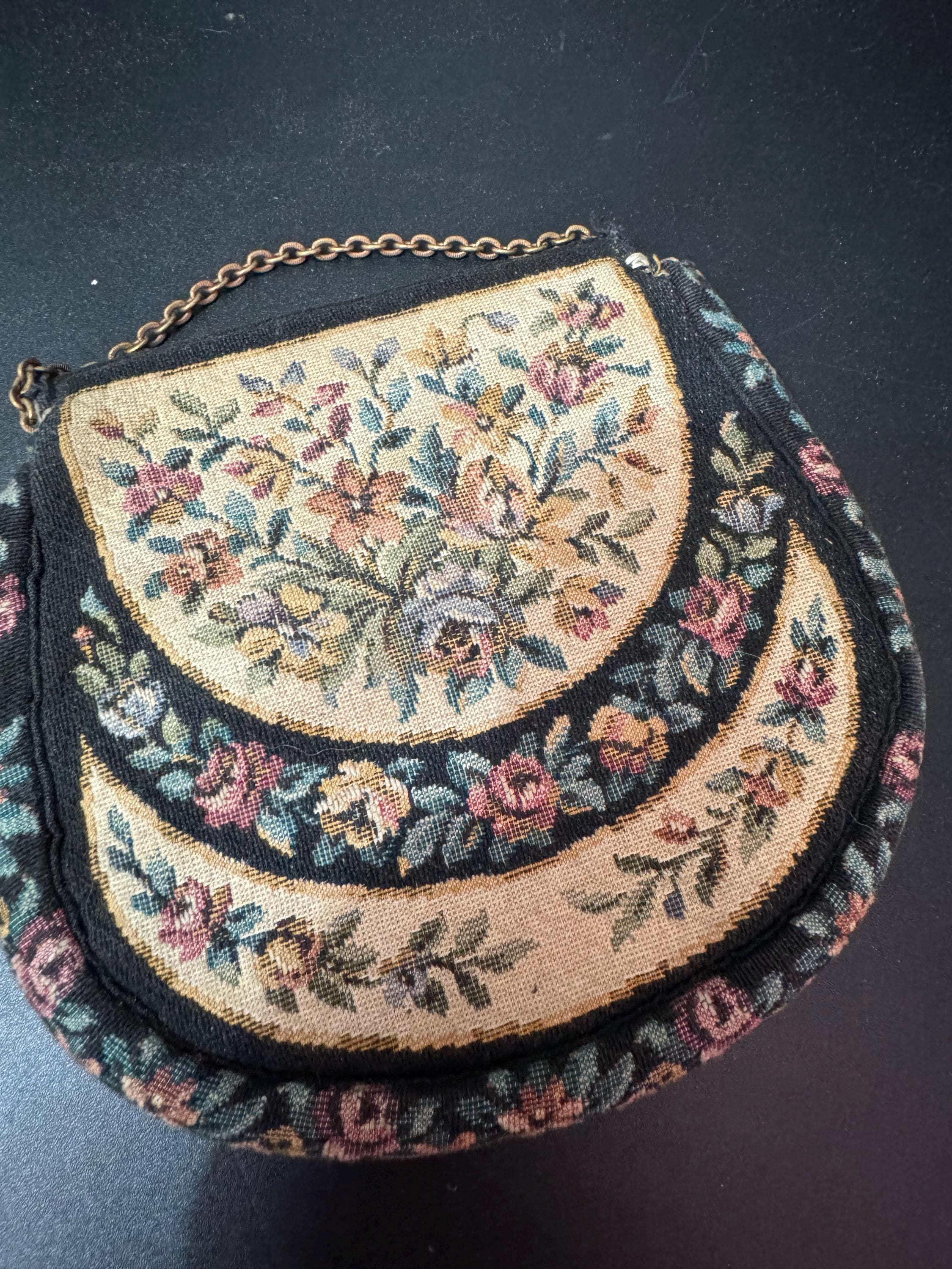 Antique black, beige and green Petit Point Tapestry Embroidered Floral evening Purse with brass clasp 1920s 1930s