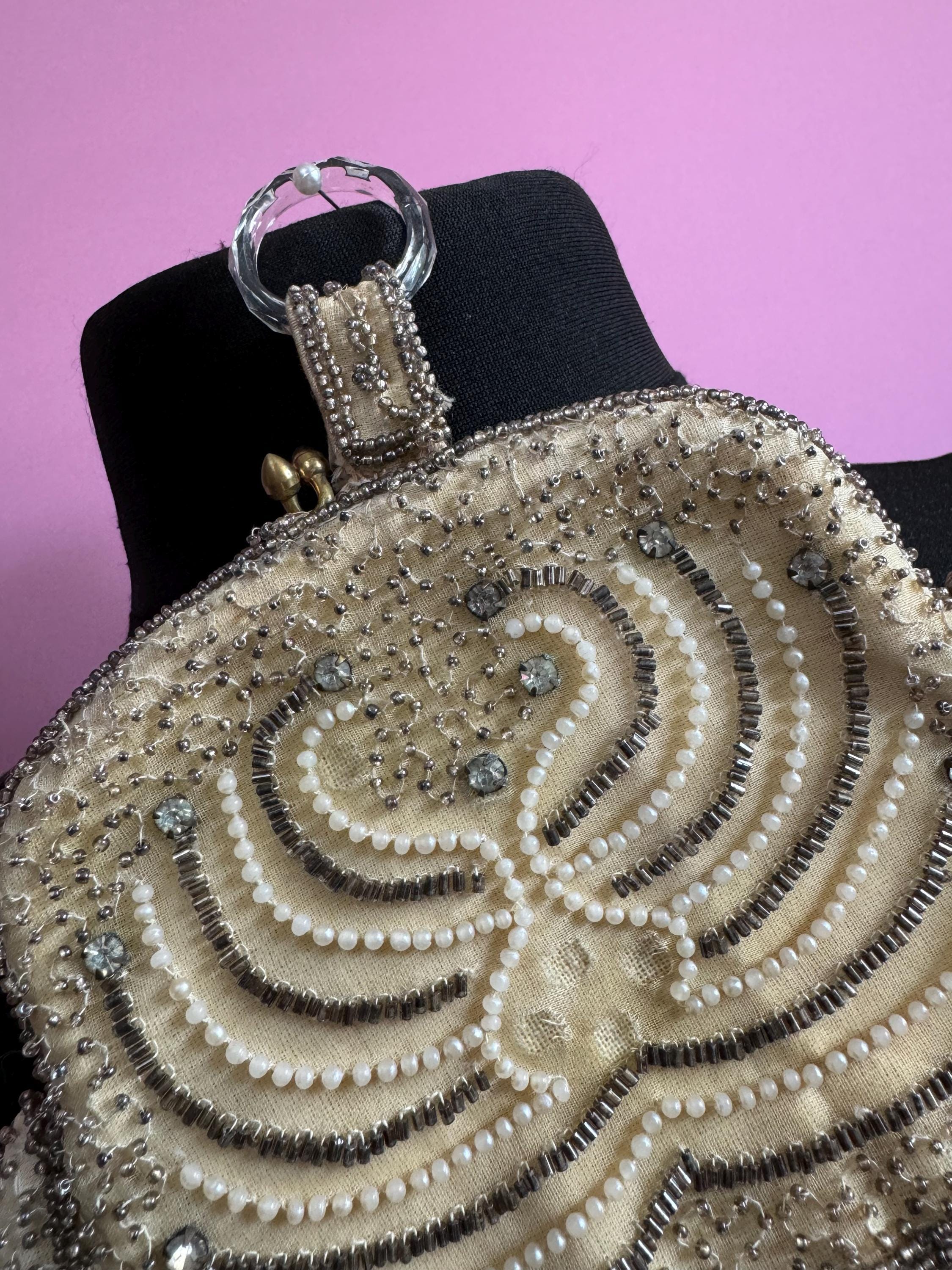 Antique cream white micro beaded evening purse belgian with glass finger loop as found