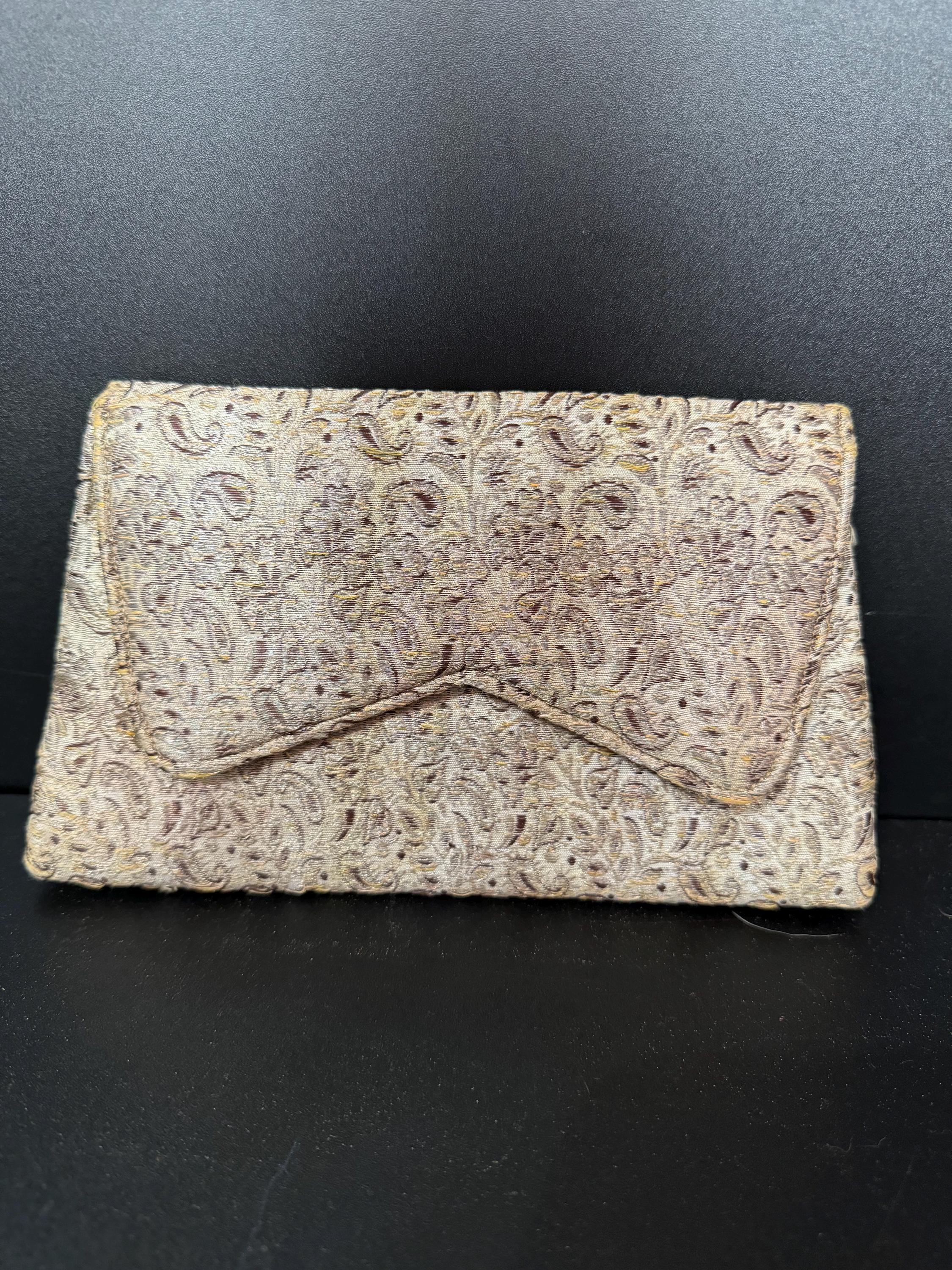 Vintage 1920s art deco beige Silk Brocade clutch Bag evening purse reverse handle