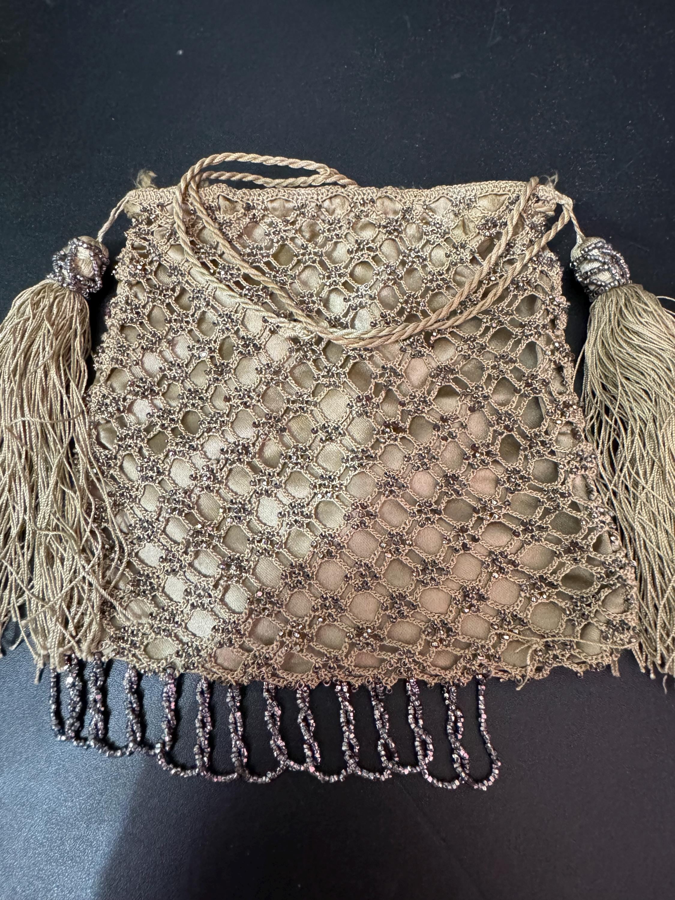 Victorian cut steel micro beaded drawstring tassel evening bag coin purse pouch antique gold colour fringed