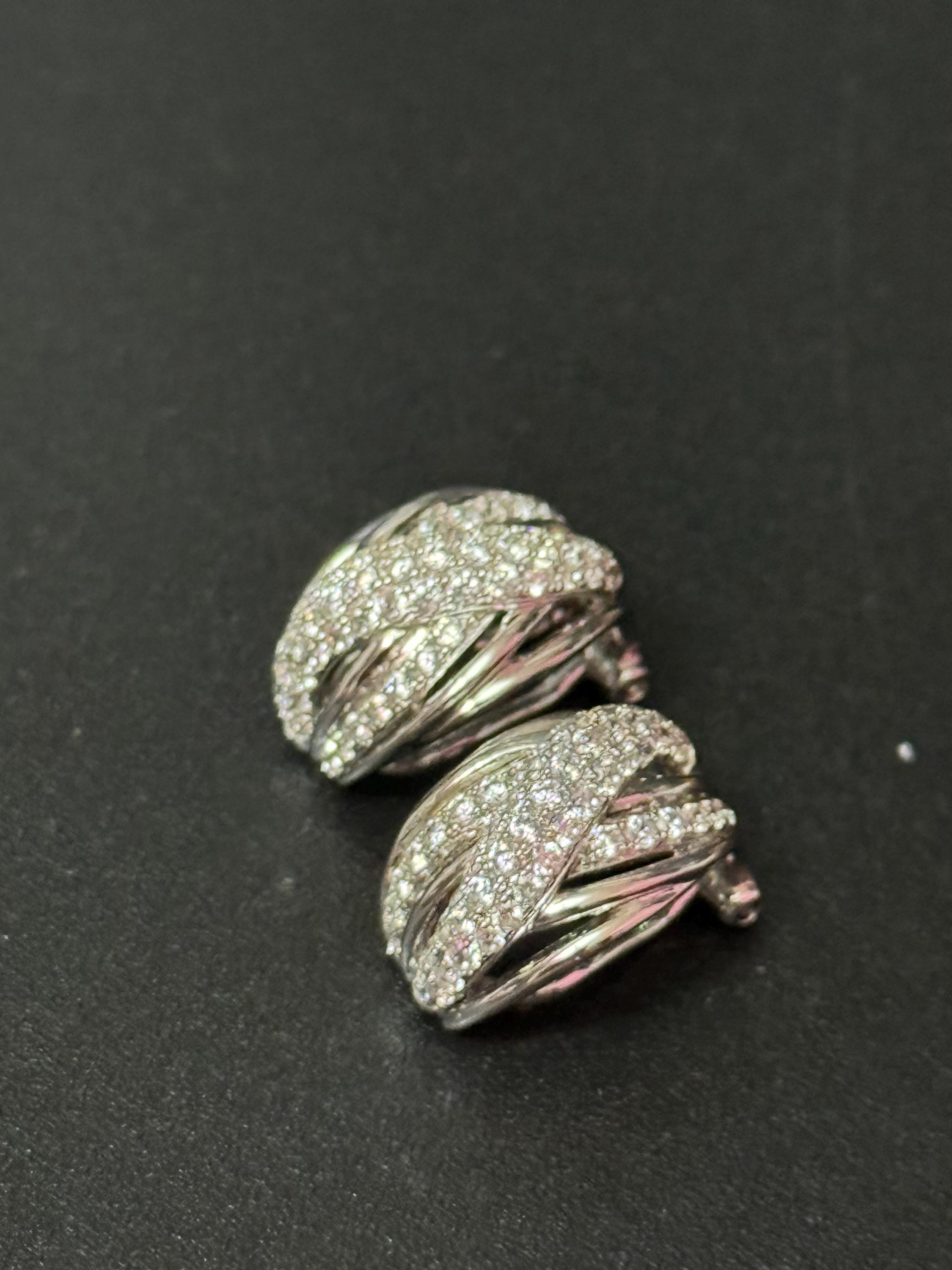 Vintage 925 small diamanté sterling silver crystal elegant clip on earrings 1.75cm