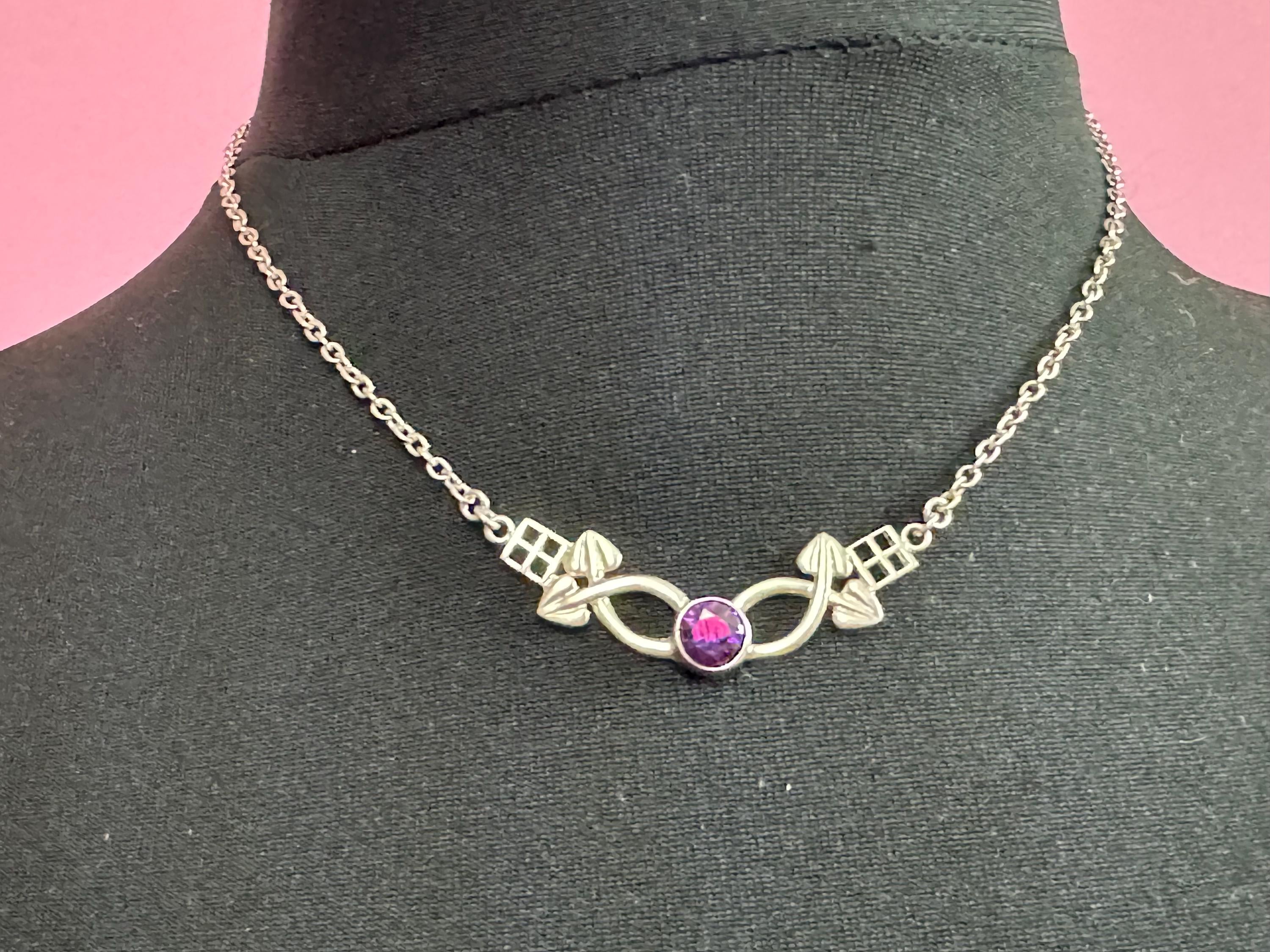 Vintage retro sterling silver 925 art nouveau amethyst paste stone glass drop necklace chain pendant