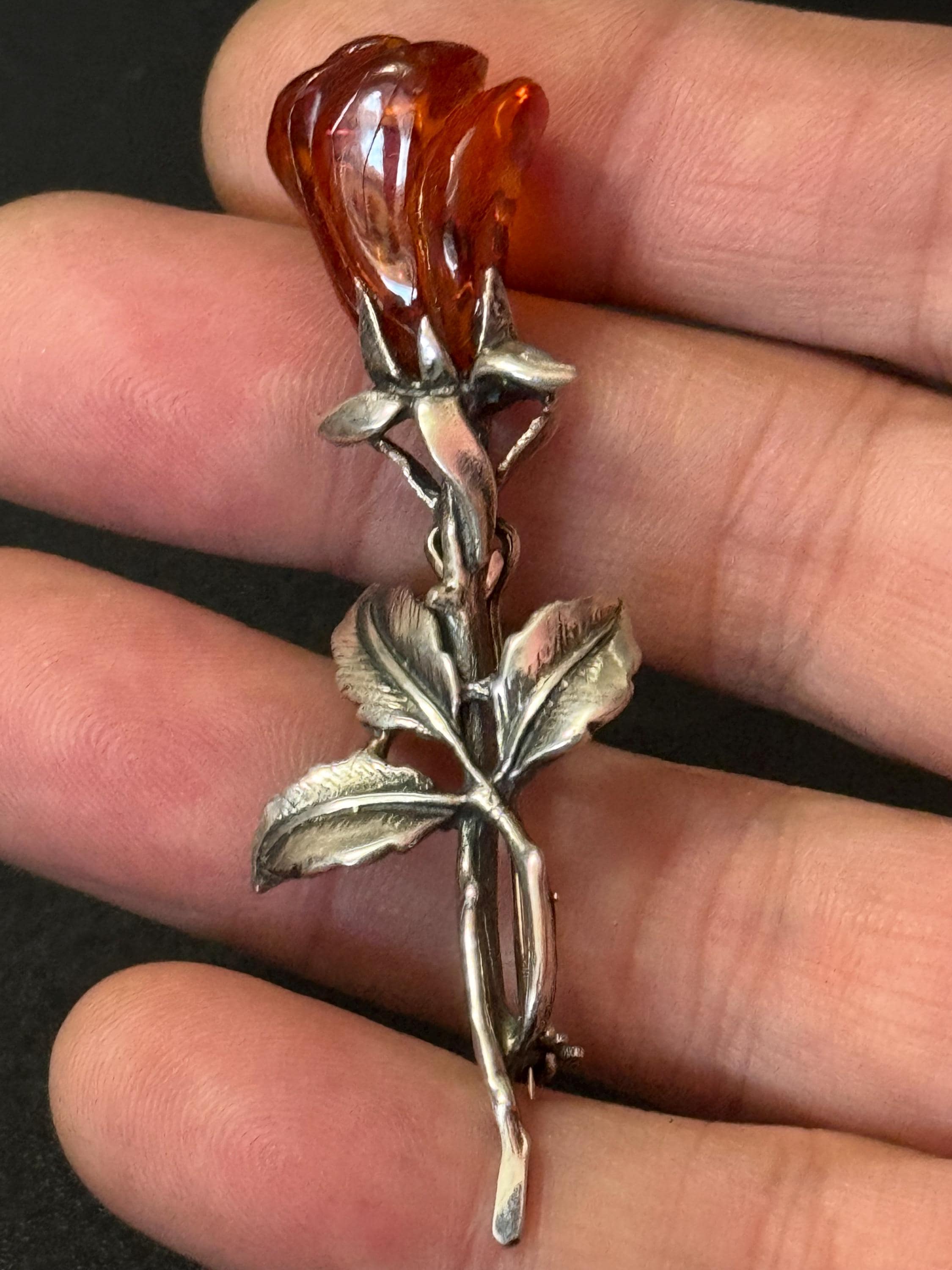 Vintage sterling 925 silver and natural amber rose bud floral brooch pin with full uk hallmarks