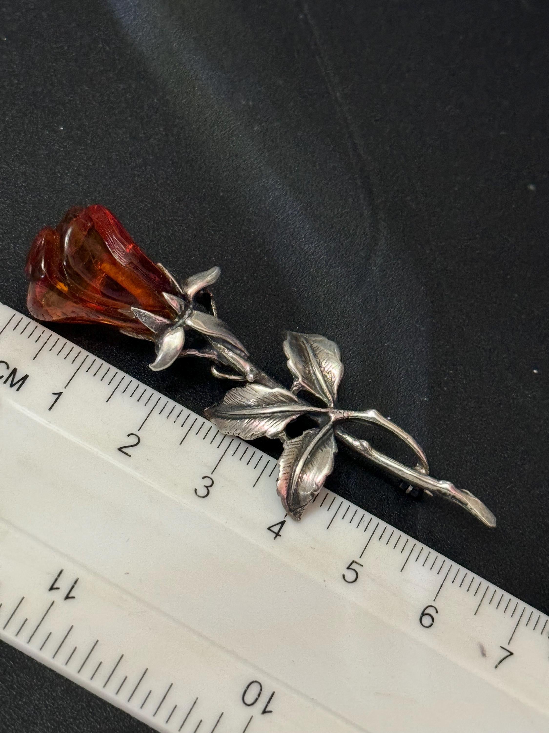 Vintage sterling 925 silver and natural amber rose bud floral brooch pin with full uk hallmarks