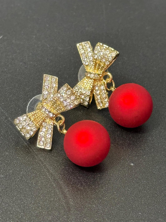 retro gold tone red pearl dangly drop diamante bow earrings for pierced ears