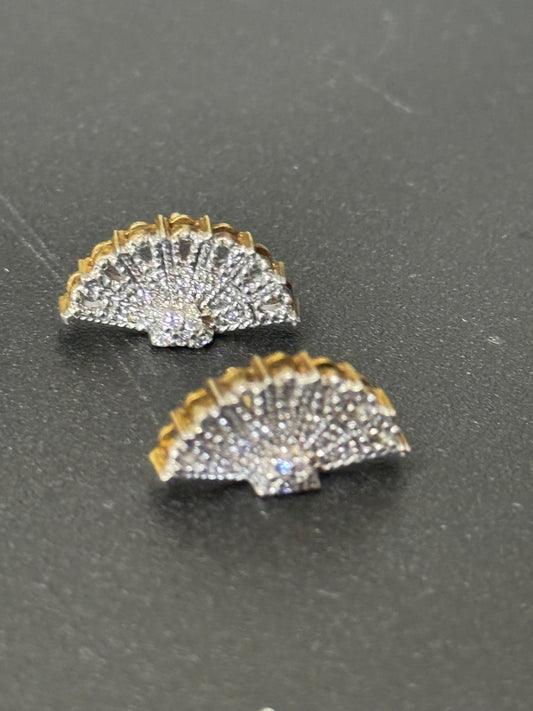 retro small gold tone clear diamanté paste crystal fan shaped stud earrings for pierced ears