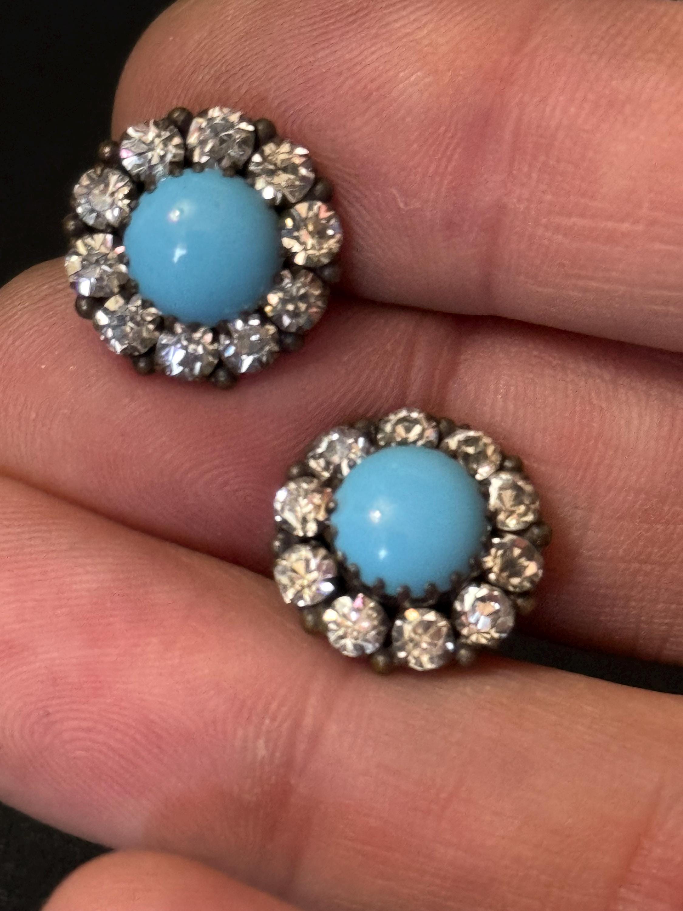 Vintage TURQUOISE glass cabochon clear crystal earrings pierced 15mm