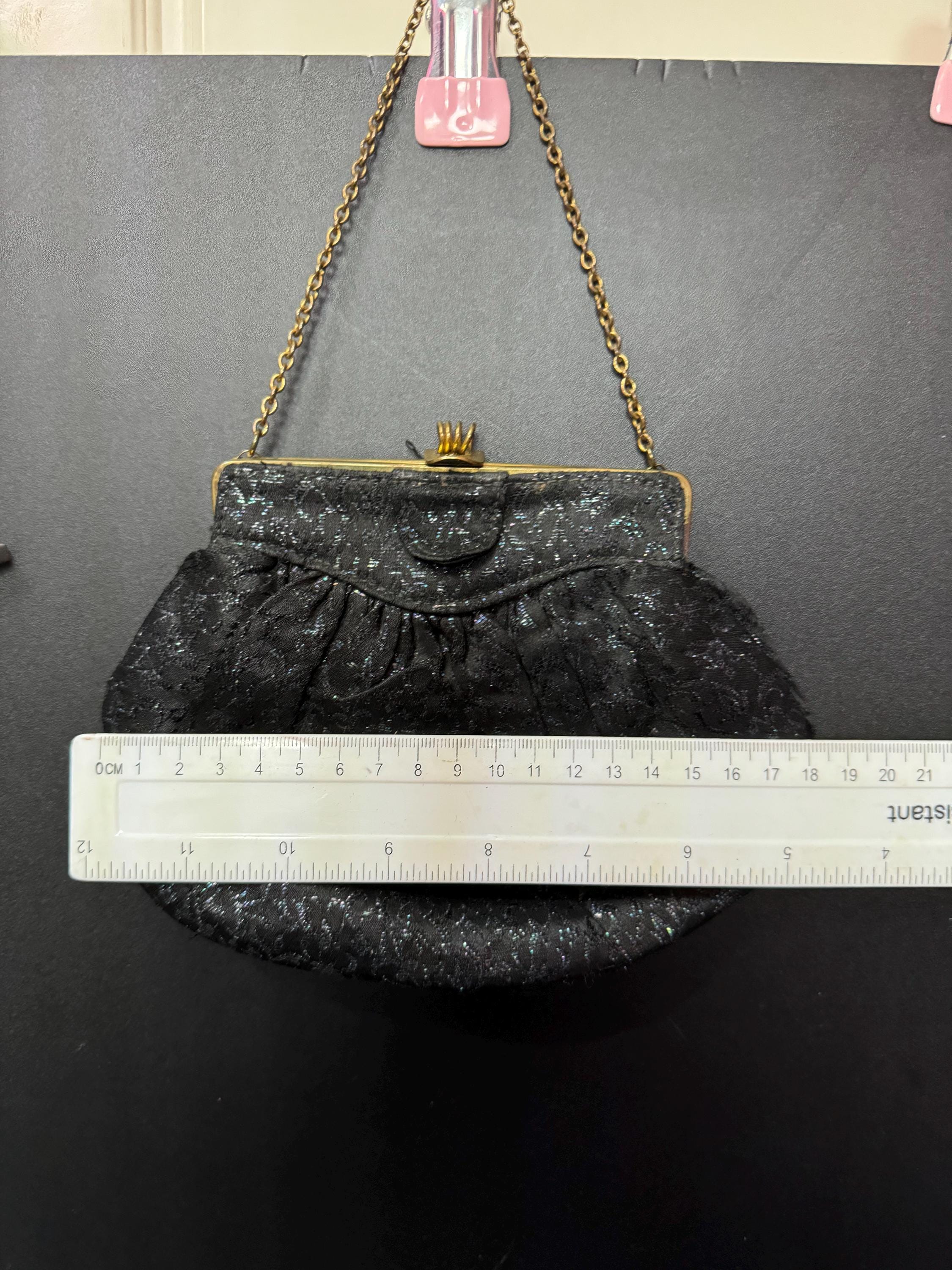 Vintage little black evening purse with brass clasps and rainbow thread work art deco