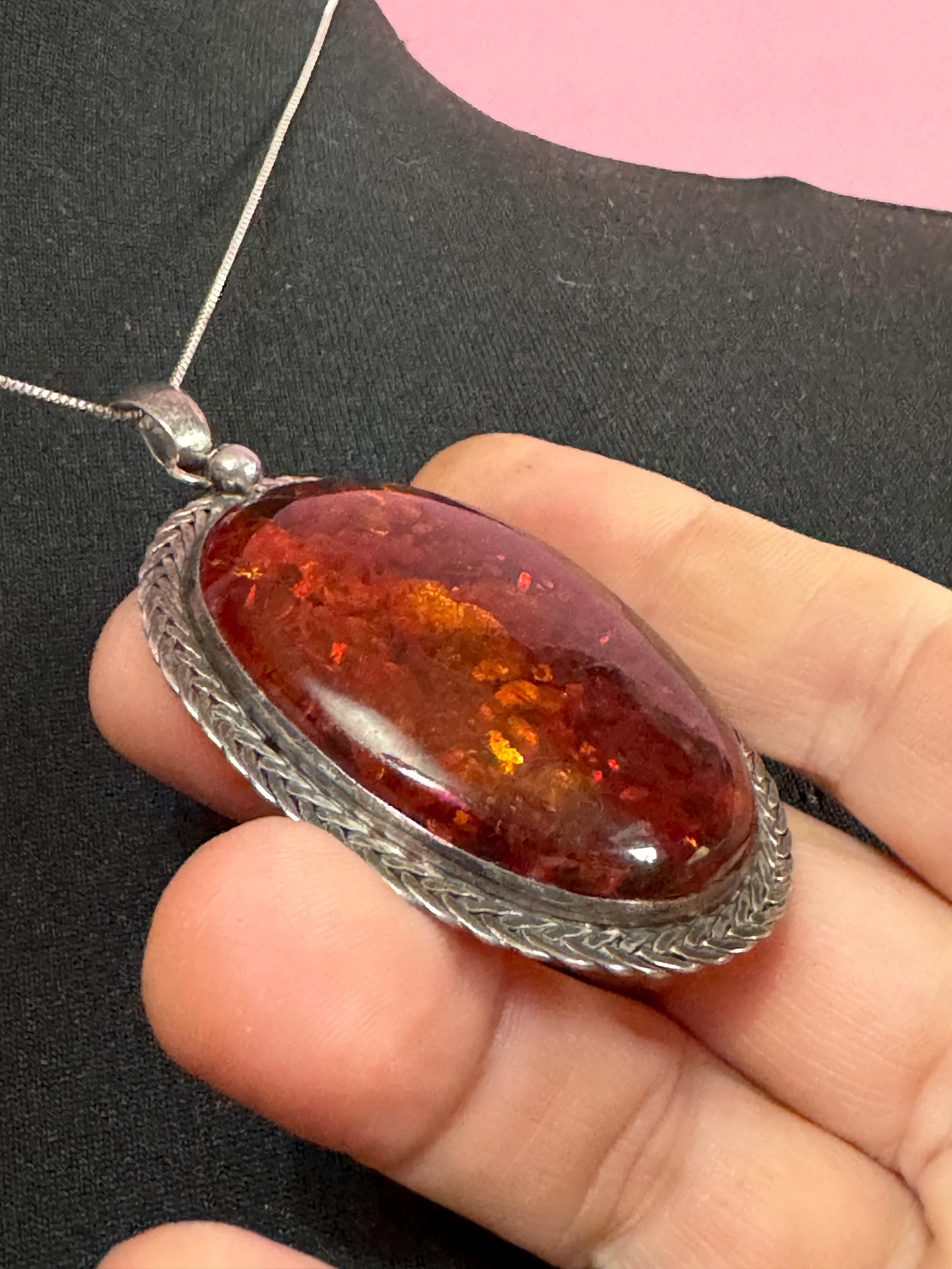 Large Natural Amber gem set oval Pendant and chain necklace Sterling 925 Silver gemstone